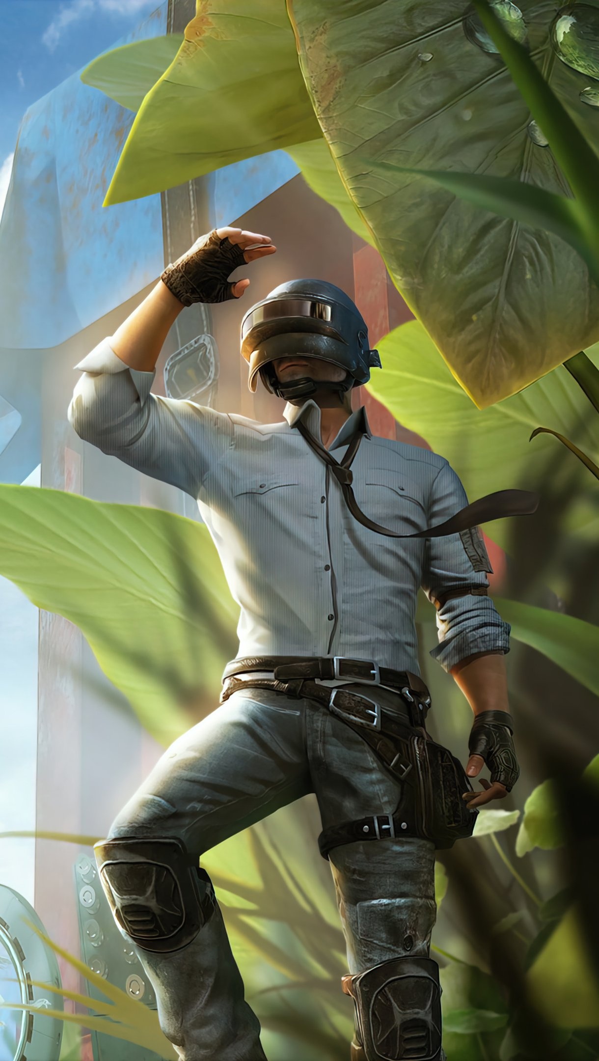 PUBG Lone Survivor, Level 3 Spetsnaz Helmet, giant green leaves, HD Phone wallpaper