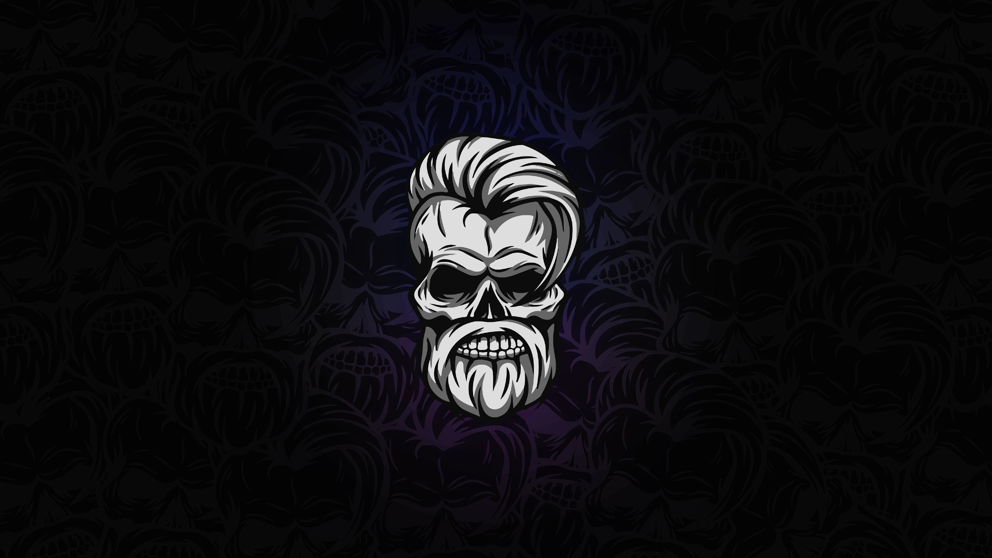 Pompadour and bearded skull, Repeating skull pattern behind, Bold vector linework, HD Desktop wallpaper
