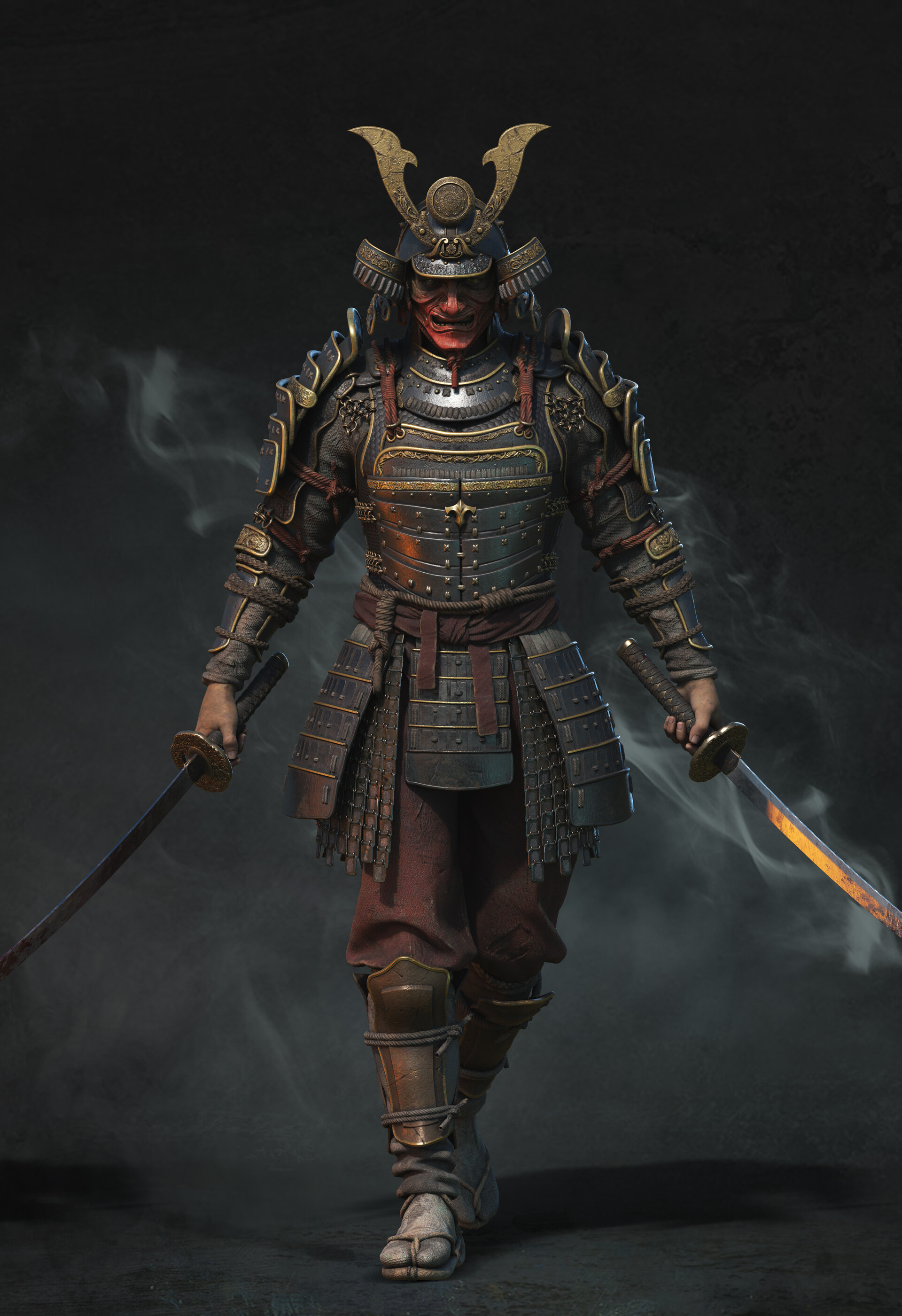 armored samurai warrior, kabuto helmet red menpo, dual katana swords, HD Phone wallpaper