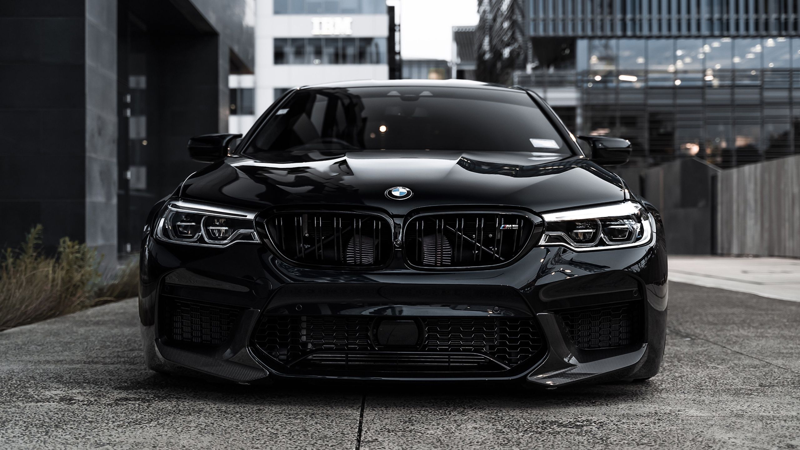 BMW M5 F90, black kidney grille, modern urban plaza, HD Desktop wallpaper