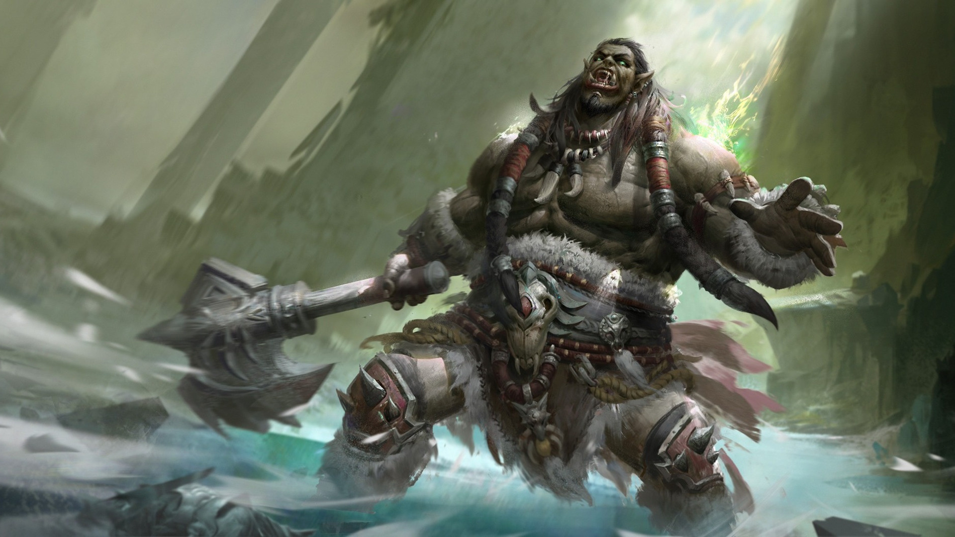 Green axe wallpaper, World of Warcraft game, Fang warrior, Strong and muscular, 1920x1080 Full HD Desktop