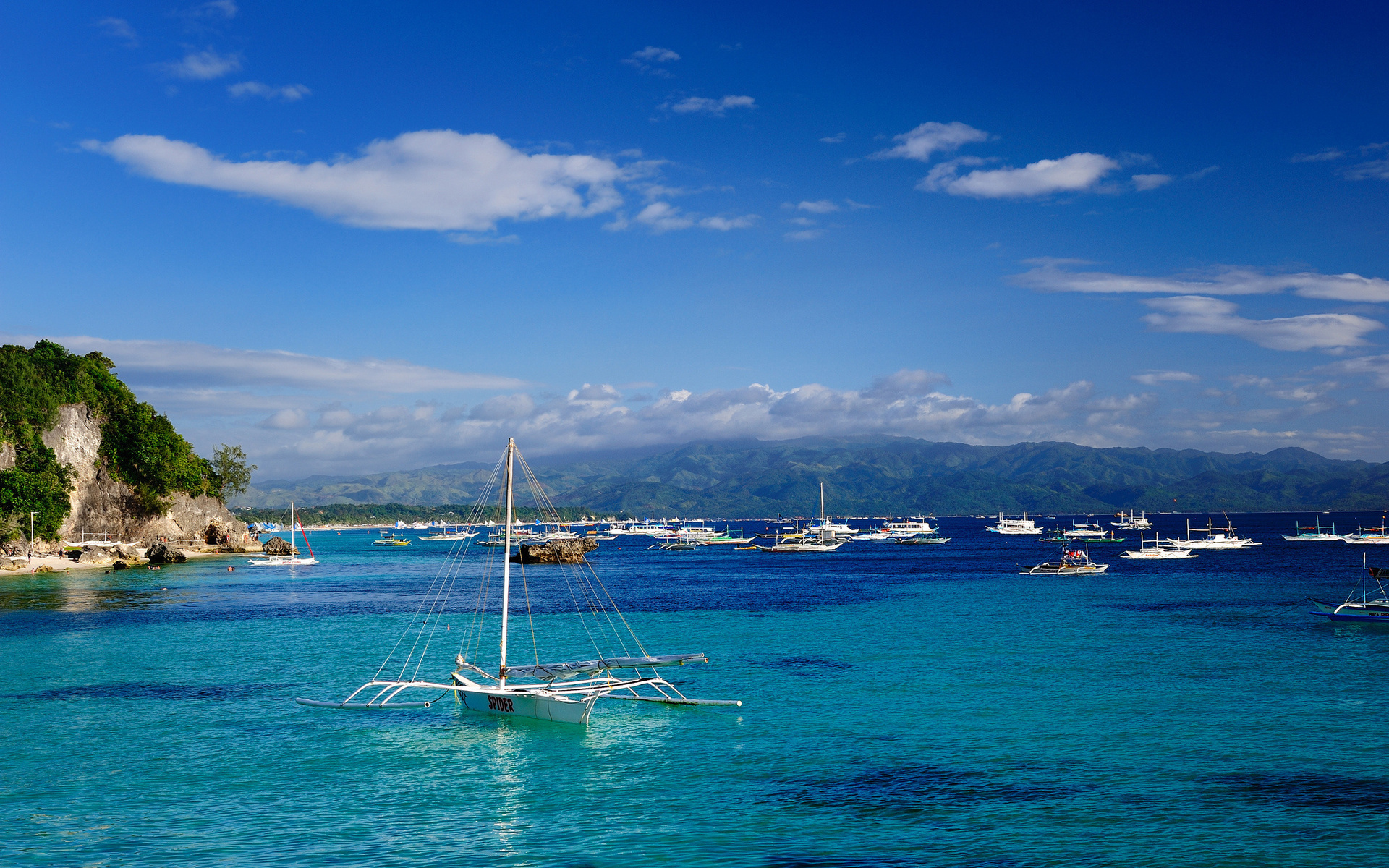 Catamaran, Sea and sun, Beach paradise, Cloudy skies, 1920x1200 HD Desktop