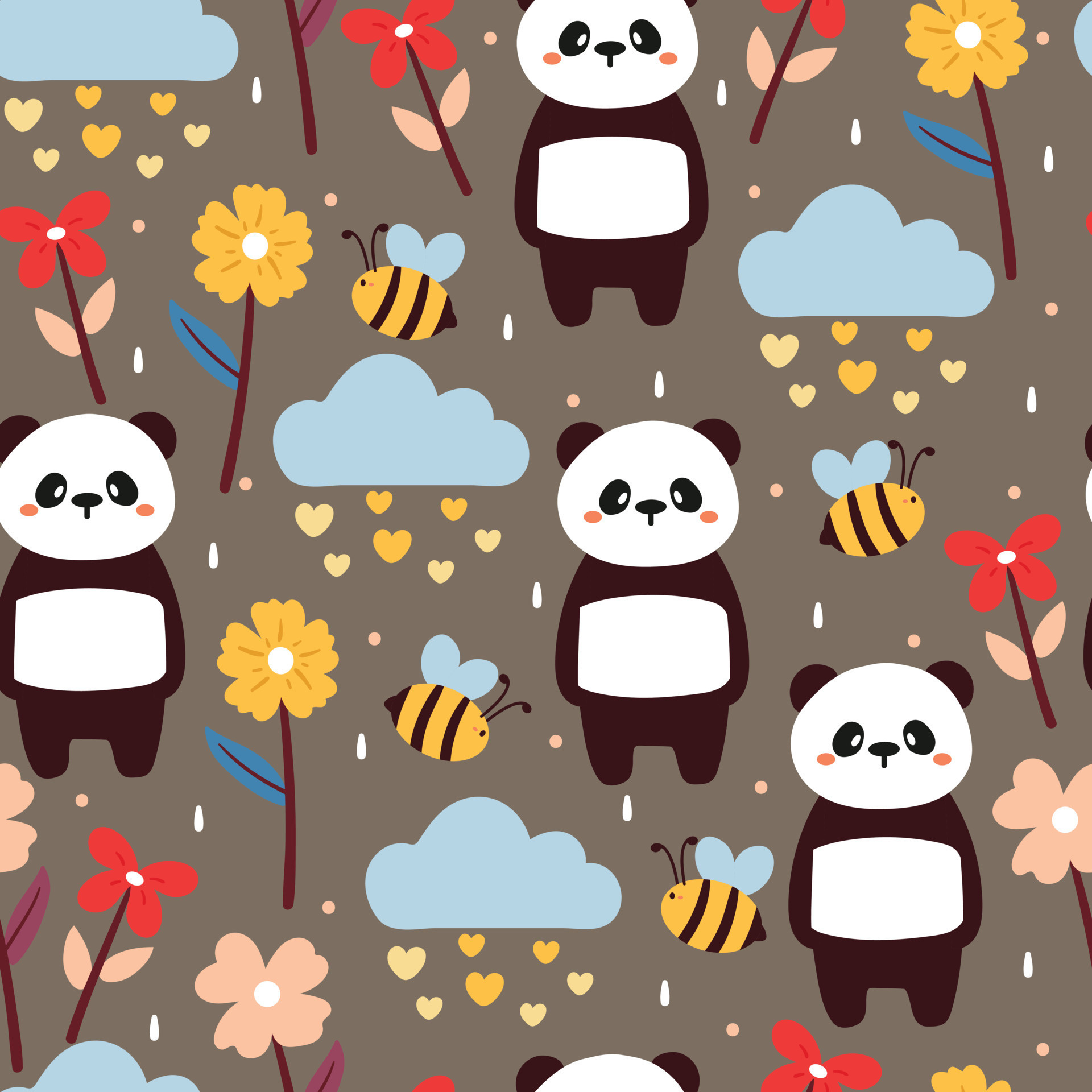 Cartoon panda illustration, Bumblebee pattern, Pastel flower cloud motif, HD Phone wallpaper