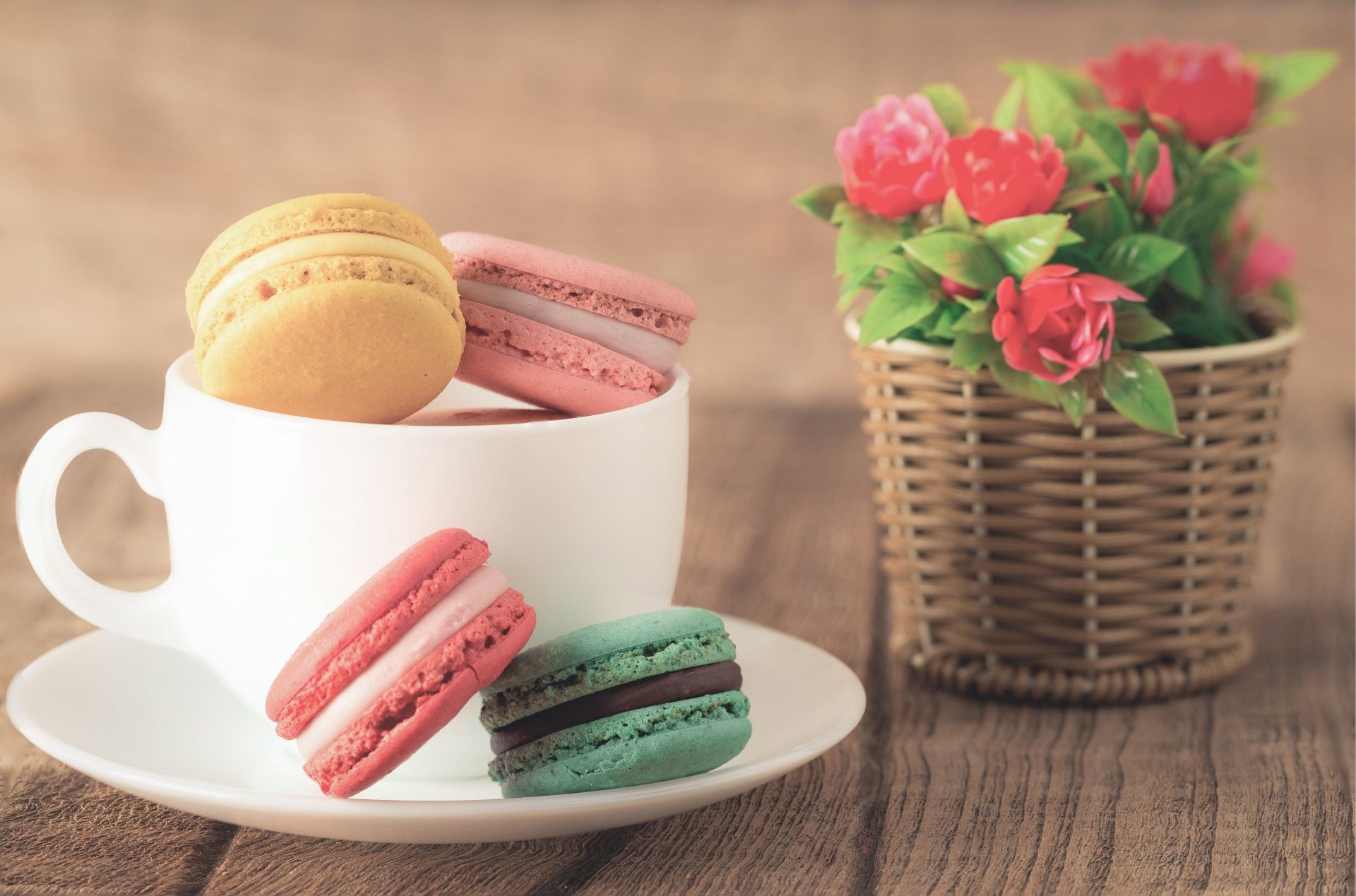 Food and macaron fusion, Elegant and aromatic, Basket of sweets, Coffee accompaniment, 1920x1270 HD Desktop