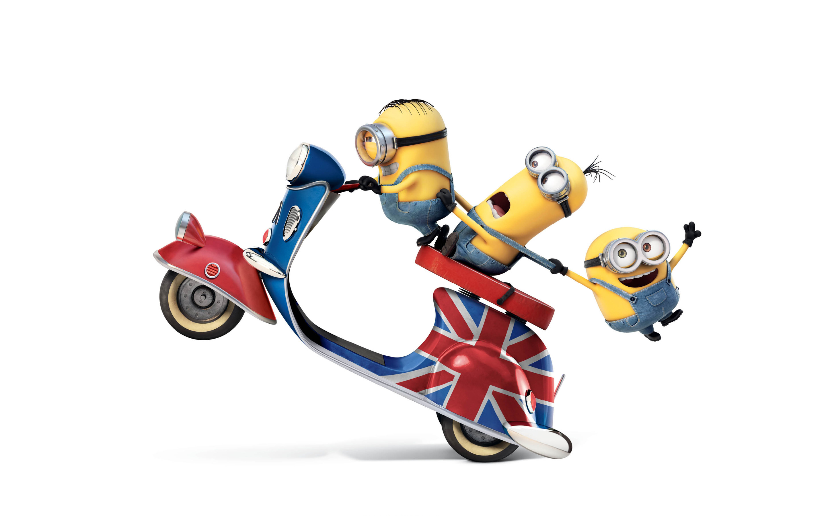 Minion Bob, Minion Kevin, Minion Stuart, Union Jack scooter, HD Desktop wallpaper