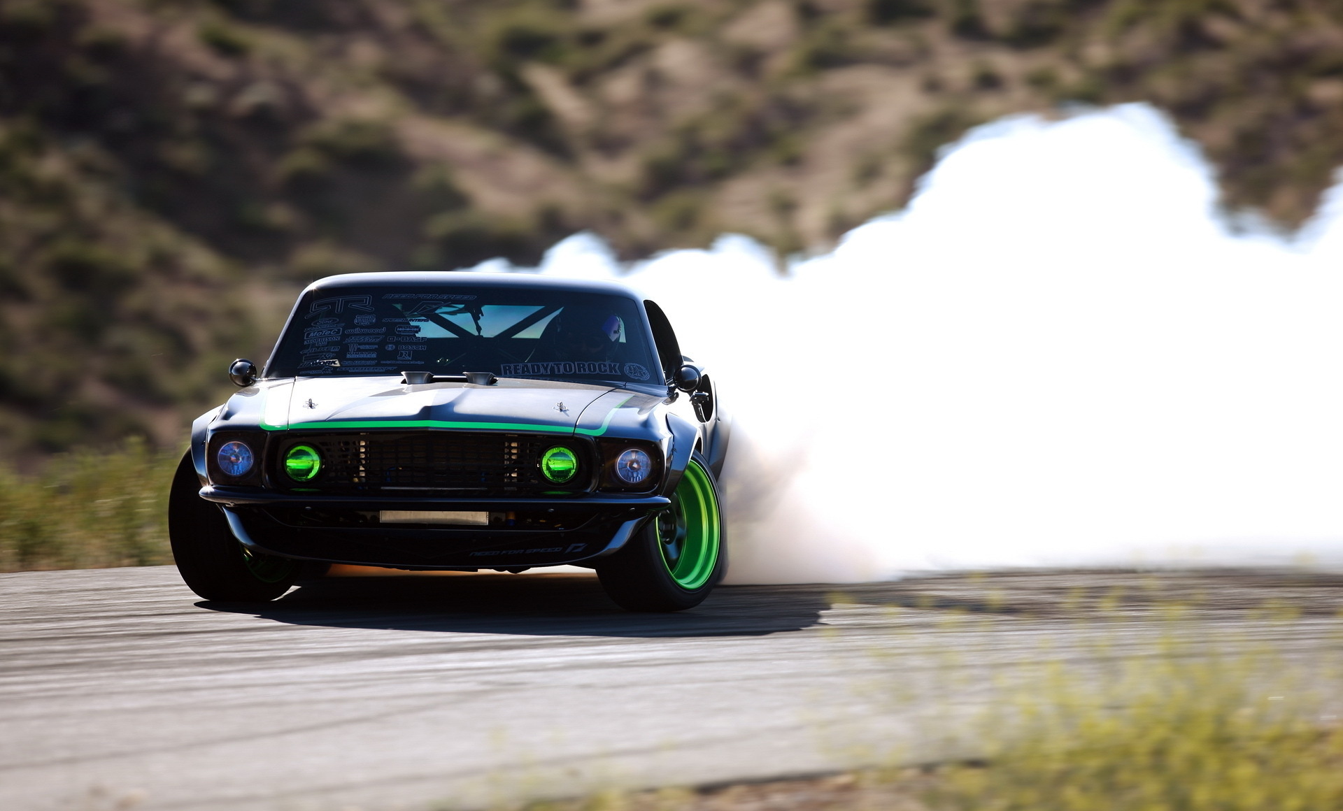 1969 Ford Mustang RTR-X, billowing tire smoke, "READY TO ROCK" text, HD Desktop wallpaper