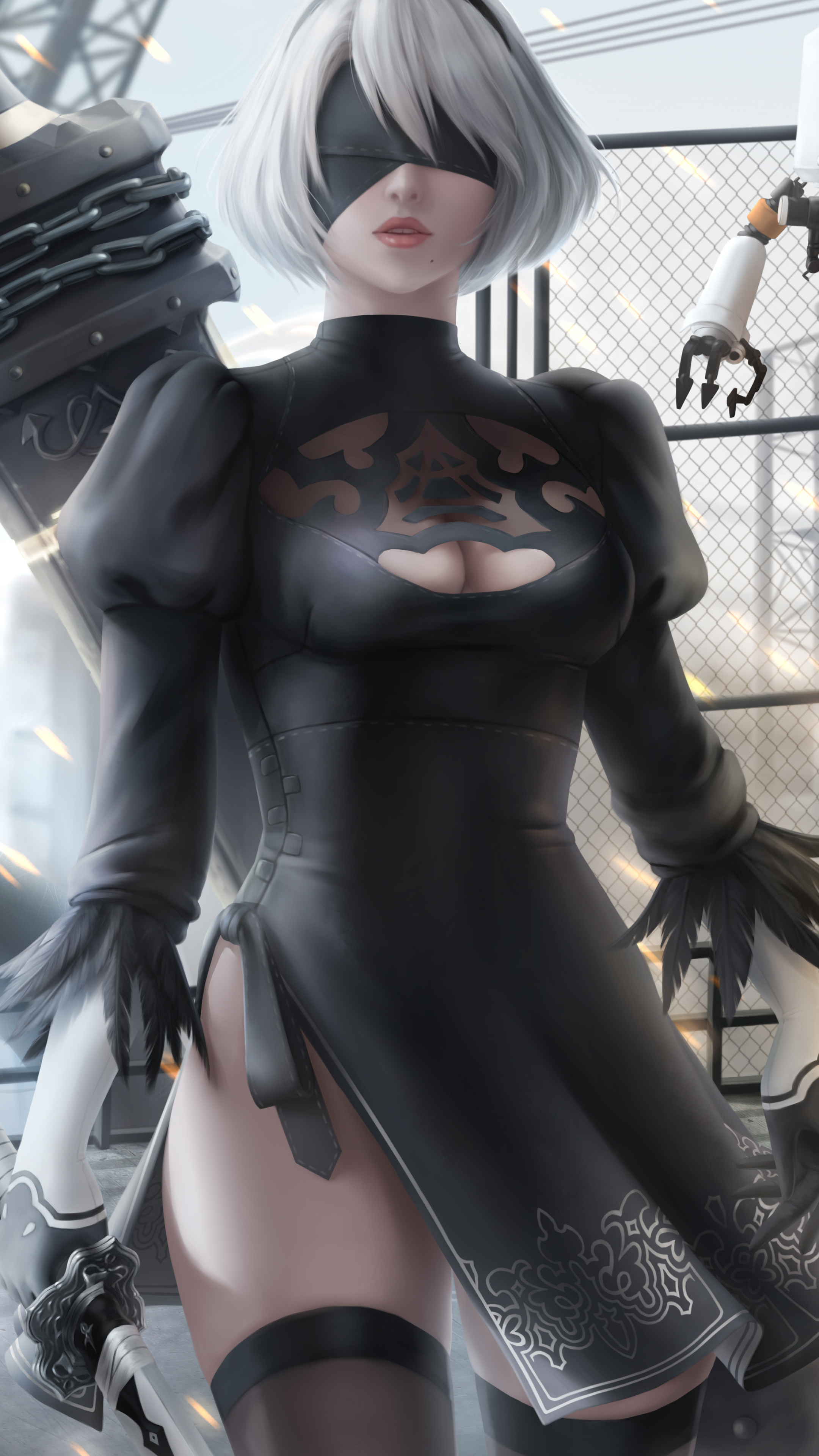 2B (NieR:Automata), Pod 042 tactical support unit, Virtuous Contract katana, 4K Phone wallpaper