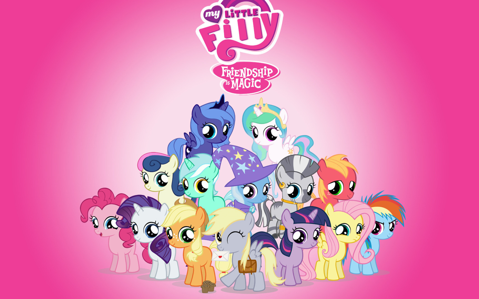 My Little Pony: Friendship is Magic, Chibi Twilight Sparkle, Princess Celestia and Princess Luna, Derpy Hooves with muffin, Pink gradient backdrop, HD Desktop wallpaper