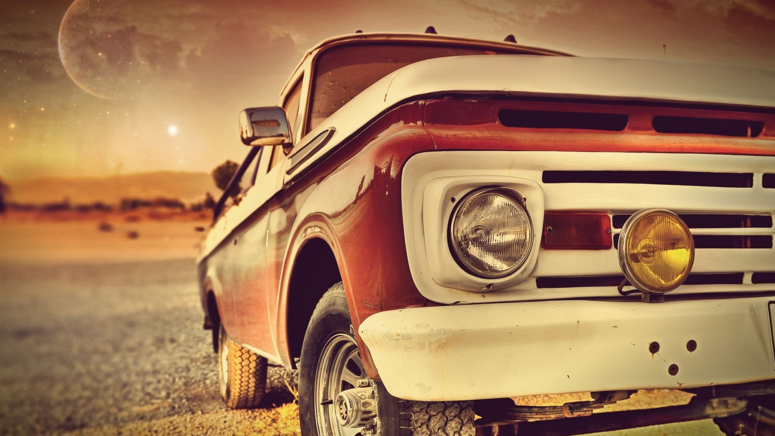 1960s Ford pickup truck, celestial planet sky, desert dirt road, HD Desktop wallpaper