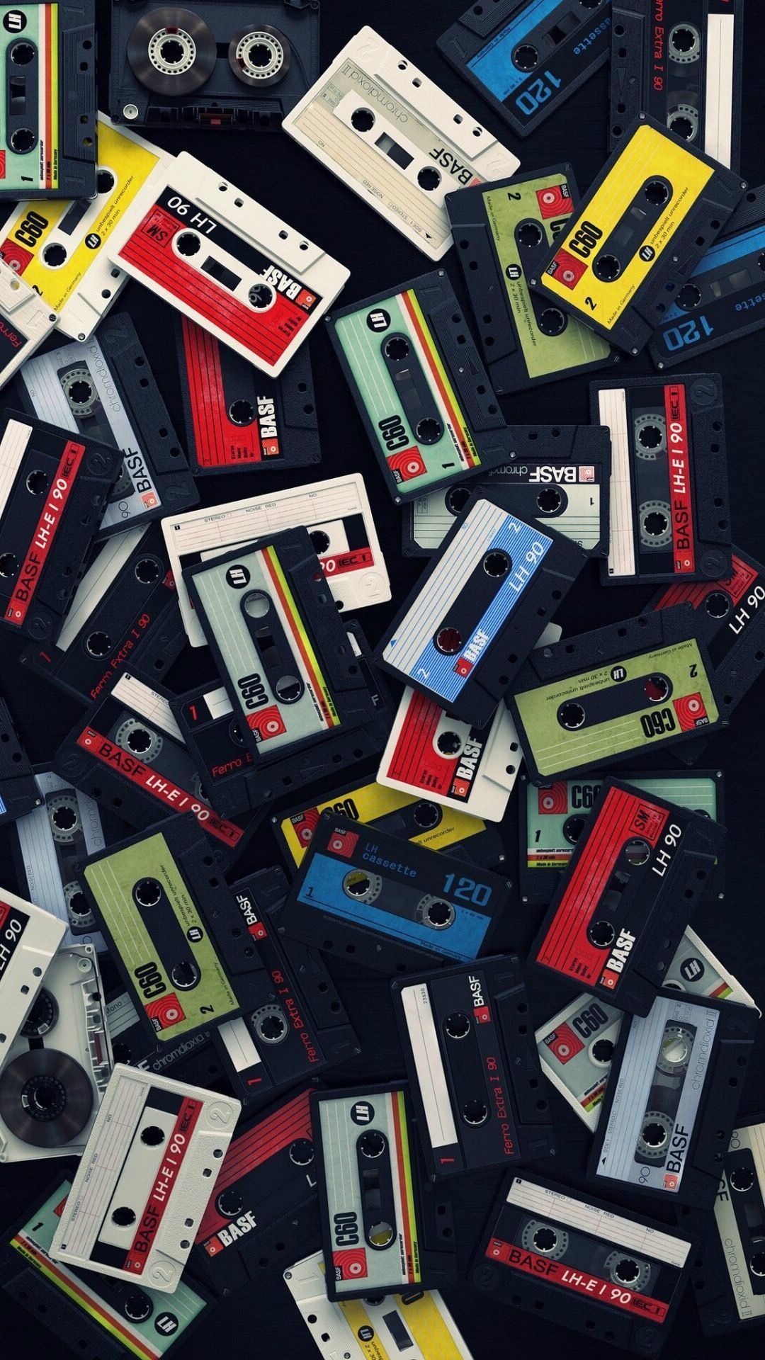 Vintage BASF cassette tapes, Compact cassette tape pile, Analog magnetic audio tapes, Retro 1980s mixtape media, Full HD Phone wallpaper