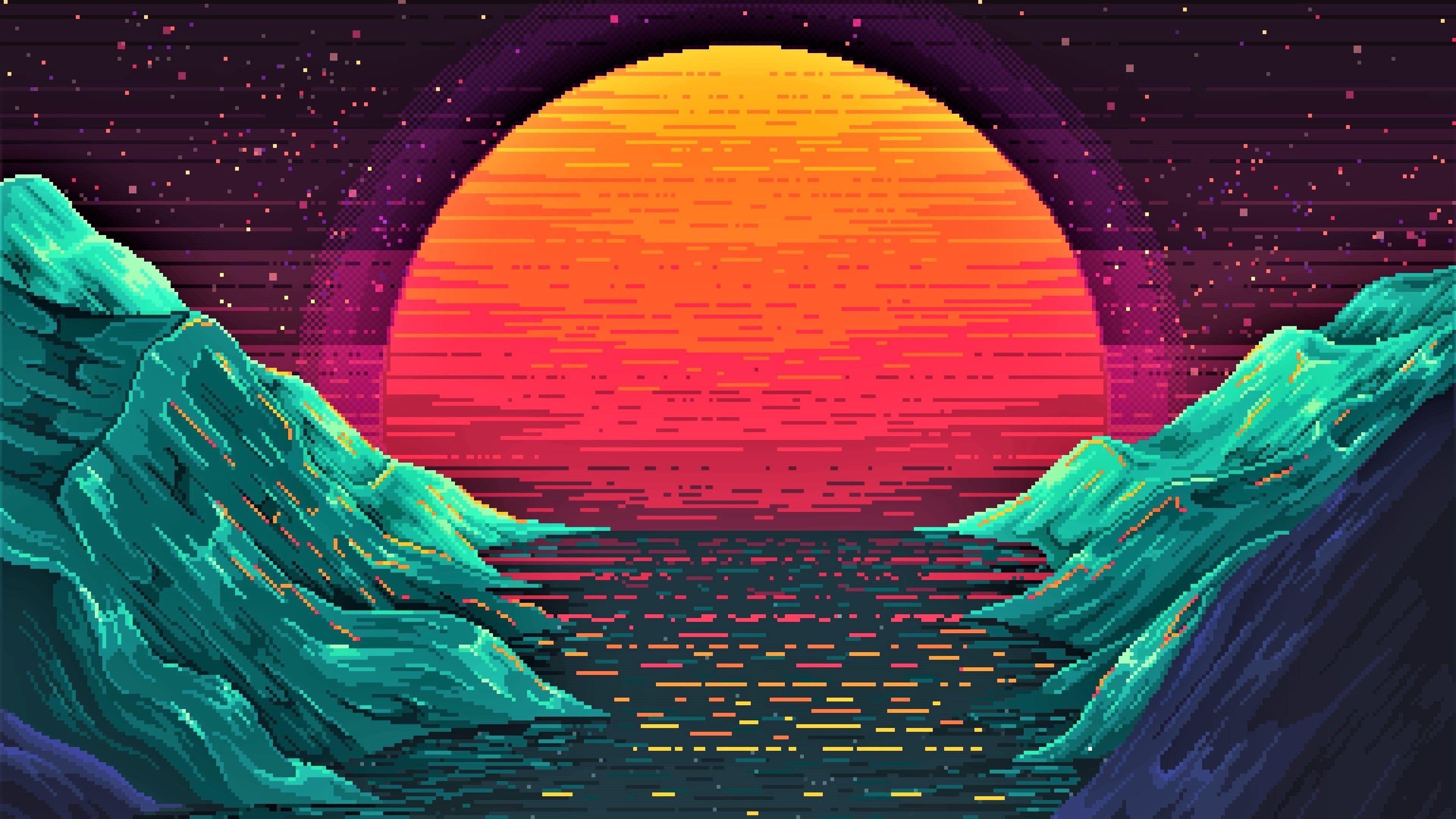 pixel art synthwave sun, teal pixelated coastal cliffs, pixelated ocean sunset reflection, 4K Desktop wallpaper