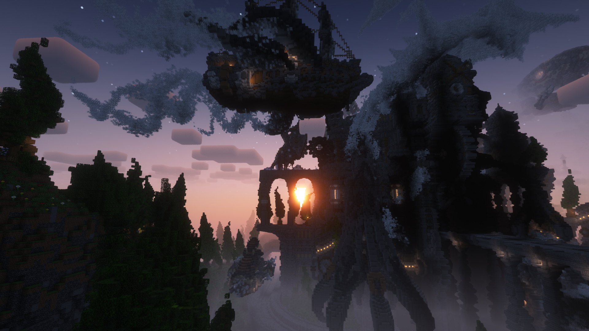 Minecraft flying ship, Minecraft fantasy fortress ruins, twilight Minecraft shader sky, Full HD Desktop wallpaper