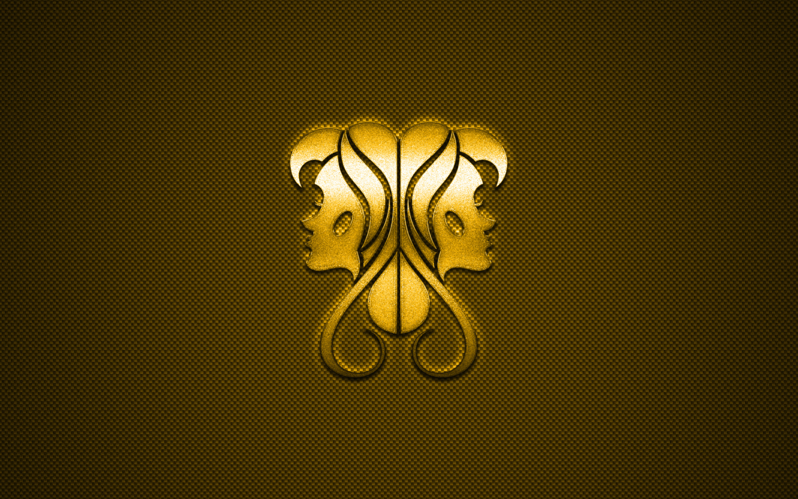 Gemini zodiac sign, Metallic signs, Yellow carbon background, 2560x1600 HD Desktop