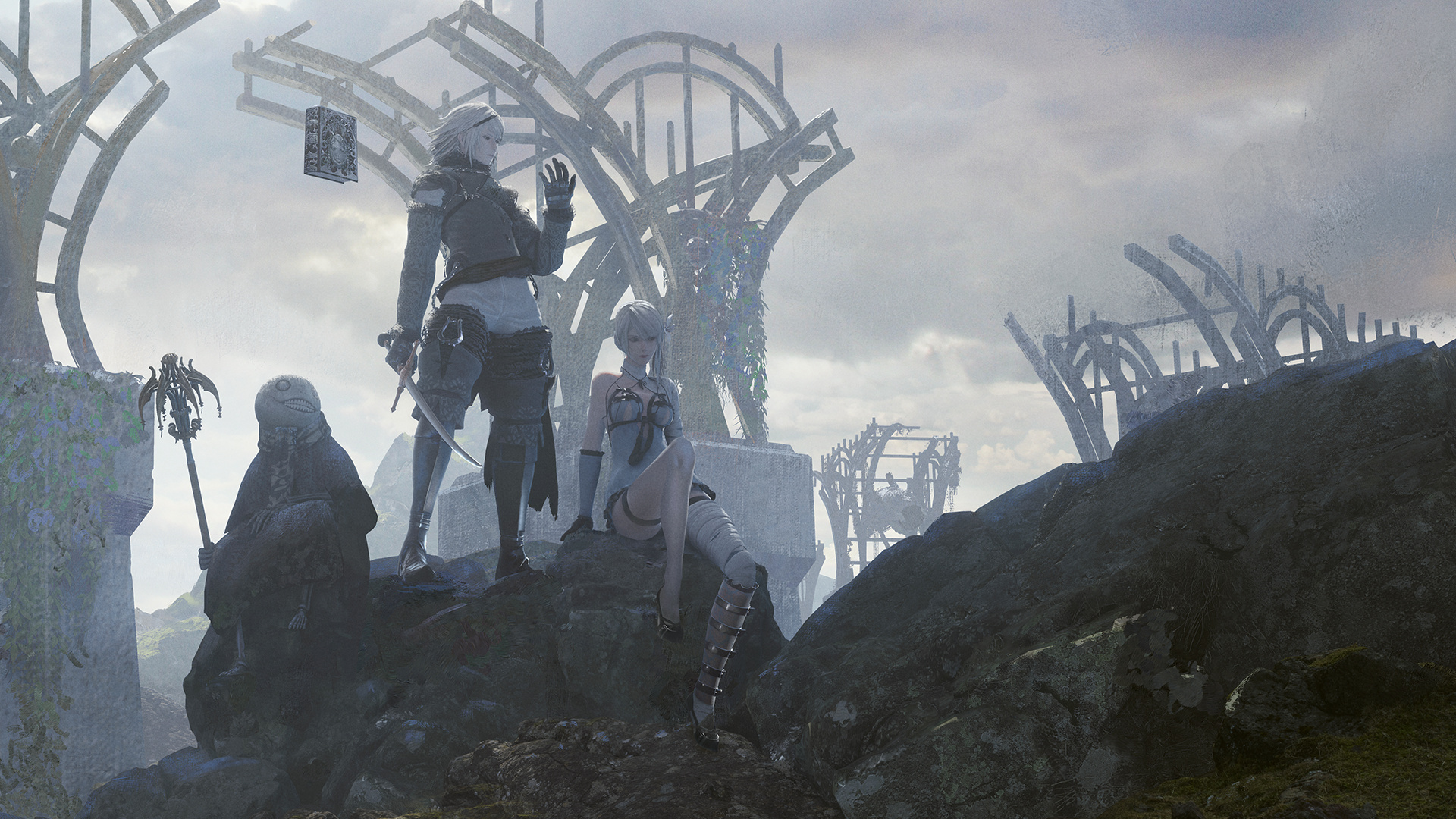 NieR Replicant protagonist, Kainé and Emil, Floating Grimoire Weiss, NieR ruined bridge, Full HD Desktop wallpaper