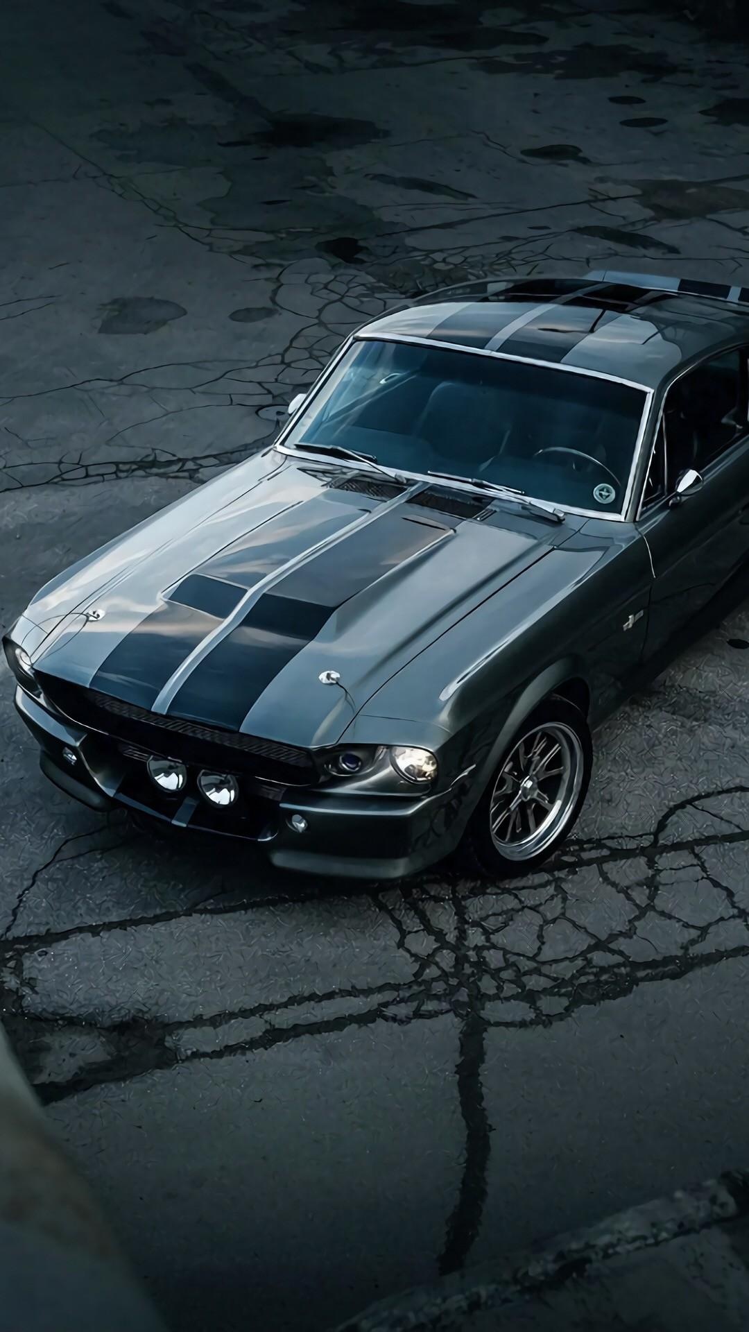 1967 Ford Mustang Eleanor, Dual black racing stripes, Cracked asphalt pavement, Full HD Phone wallpaper