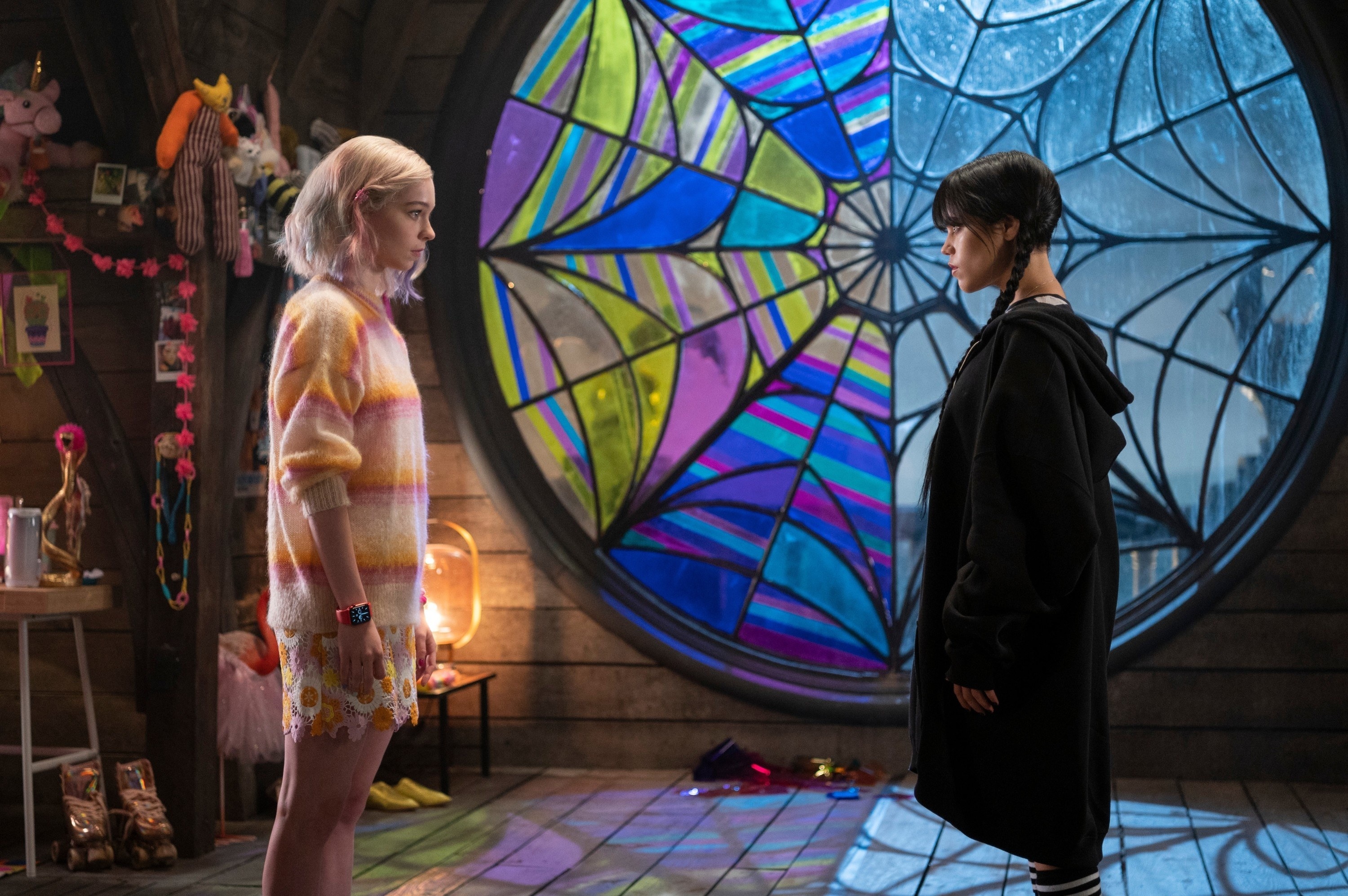 Wednesday Addams, Enid Sinclair, Ophelia Hall window, HD Desktop wallpaper