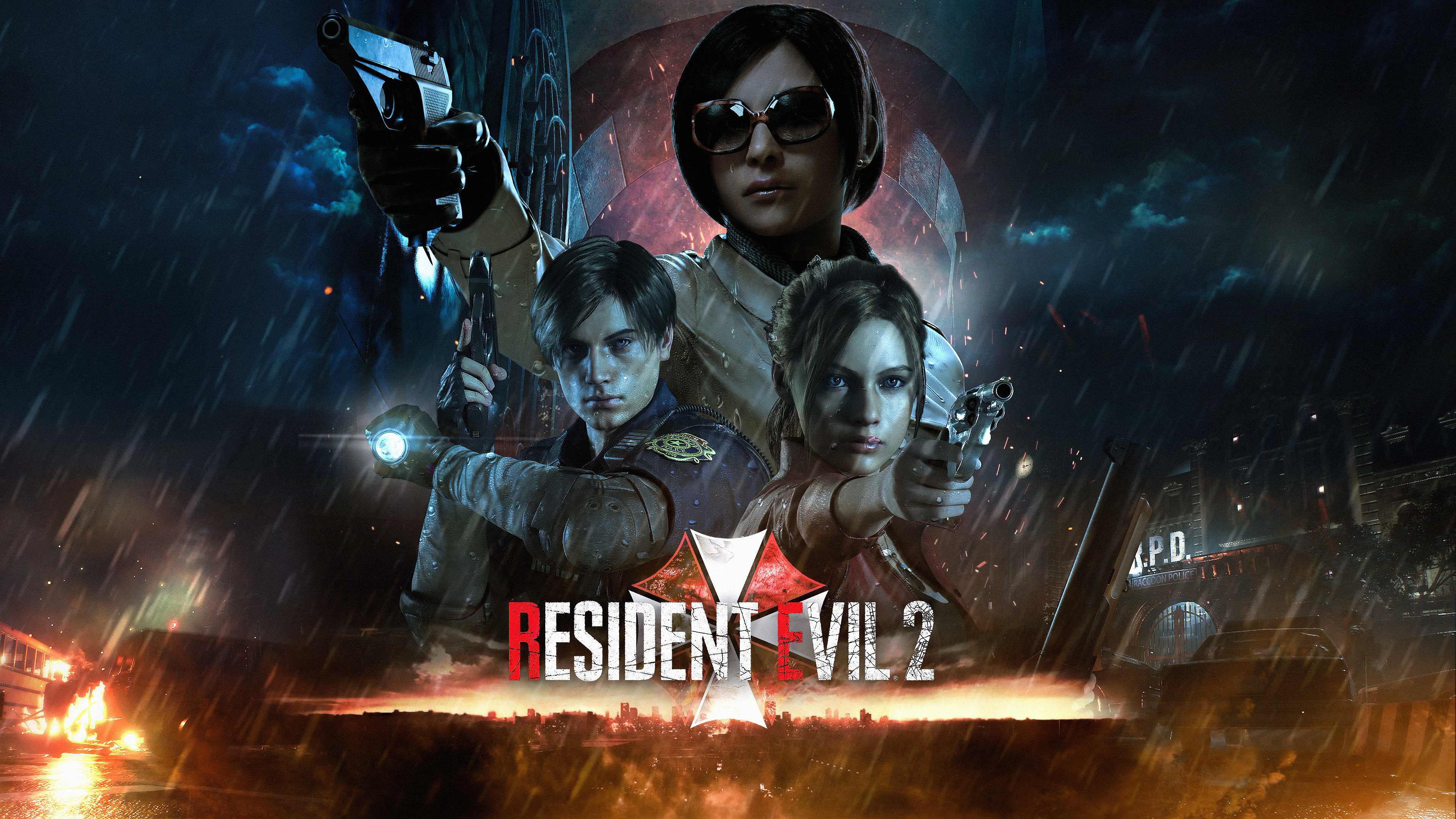 Leon S. Kennedy, Claire Redfield, Ada Wong, RESIDENT EVIL 2 logo, 4K Desktop wallpaper