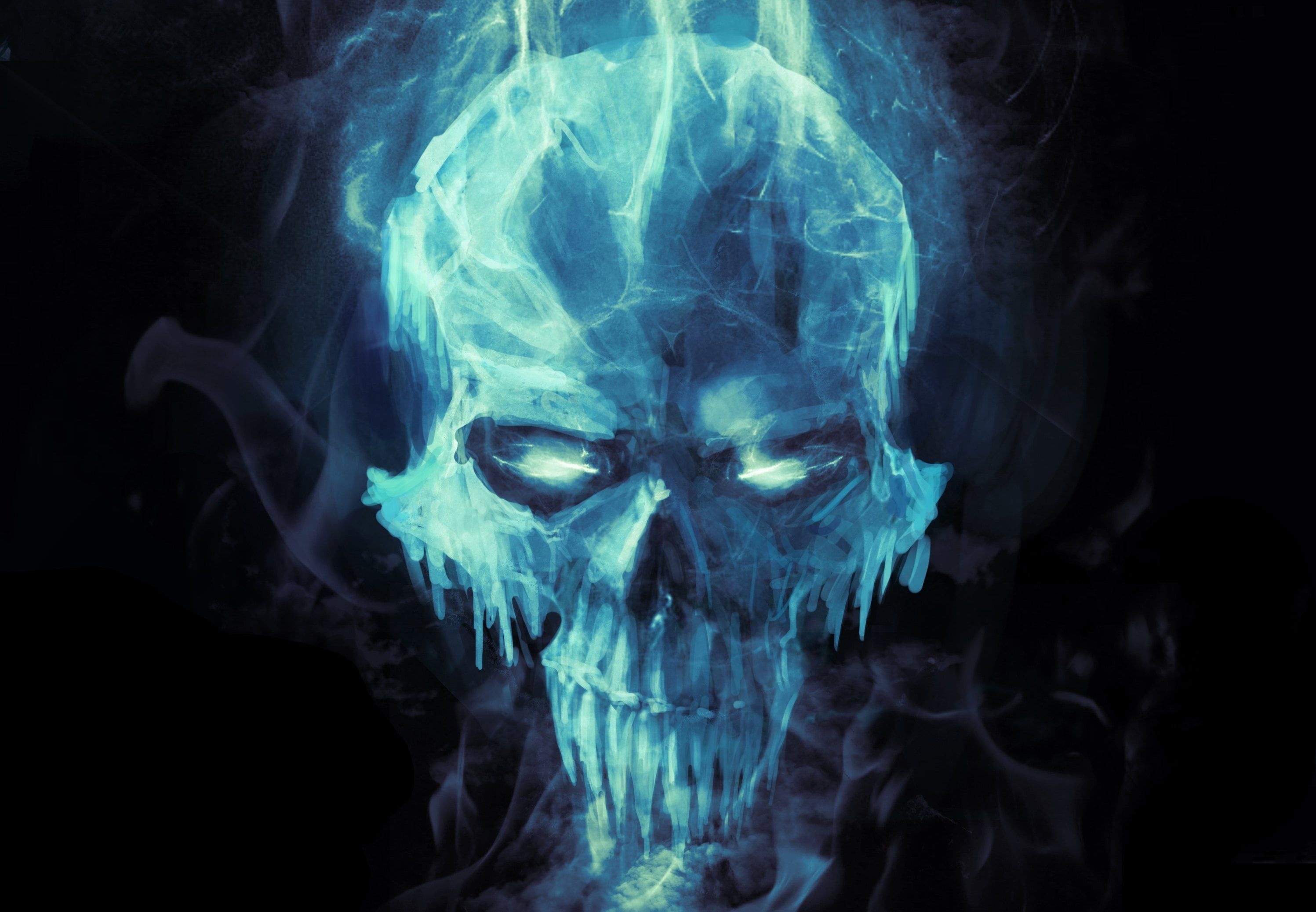 Ghostly blue flame skull, Glowing white eye slits, Rising smoke wisps, HD Desktop wallpaper