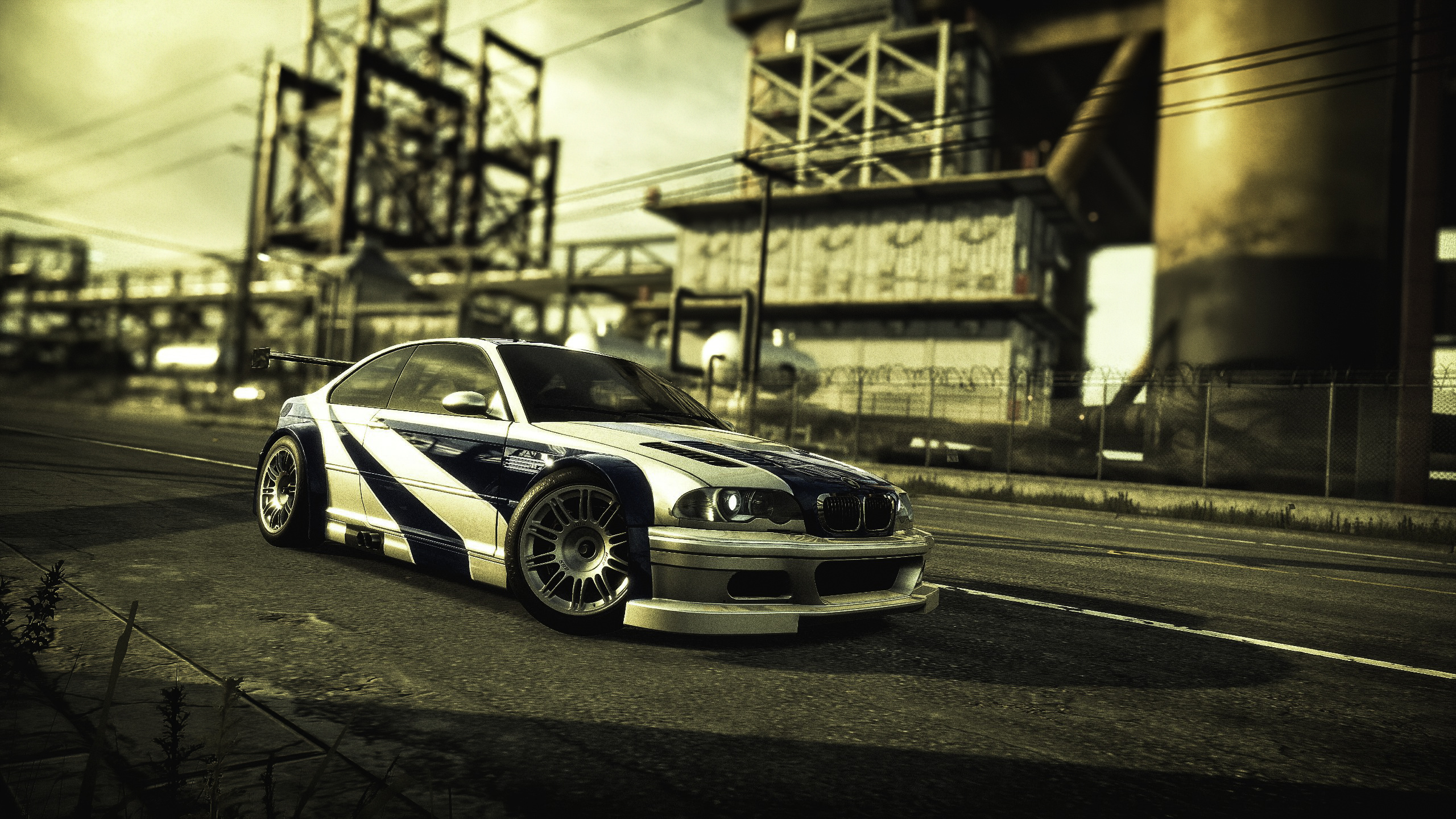 BMW M3 GTR E46, Rockport industrial district, sepia color grade, HD Desktop wallpaper