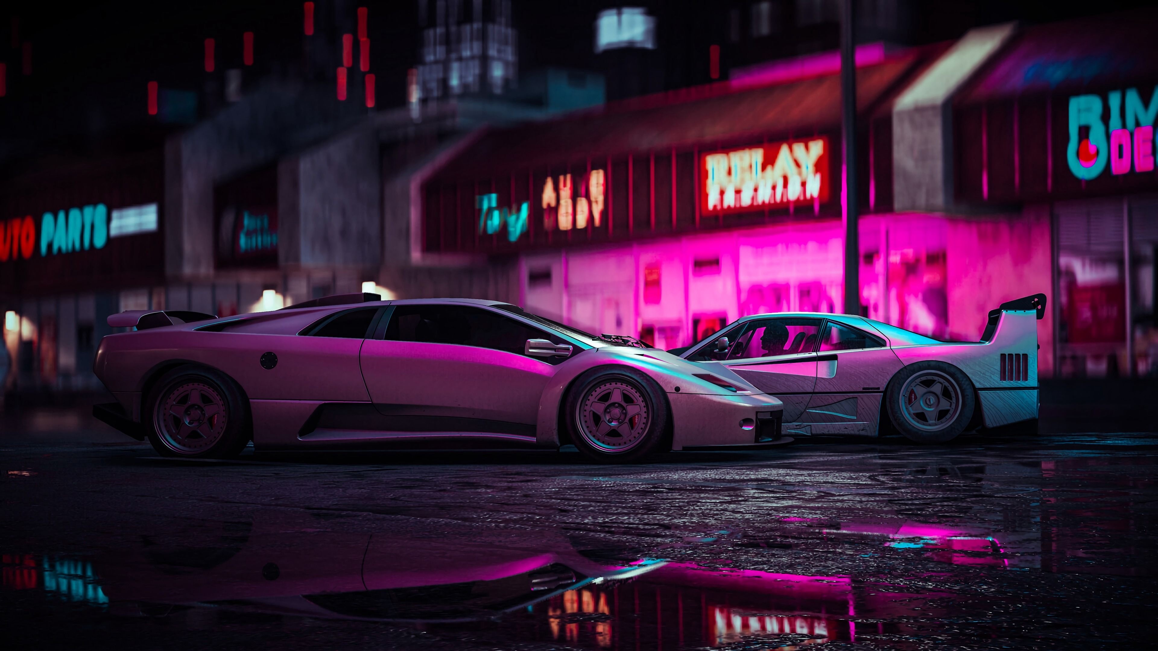 Lamborghini Diablo, Ferrari F40, Wet city street reflections, Pink neon storefront signs, 4K Desktop wallpaper