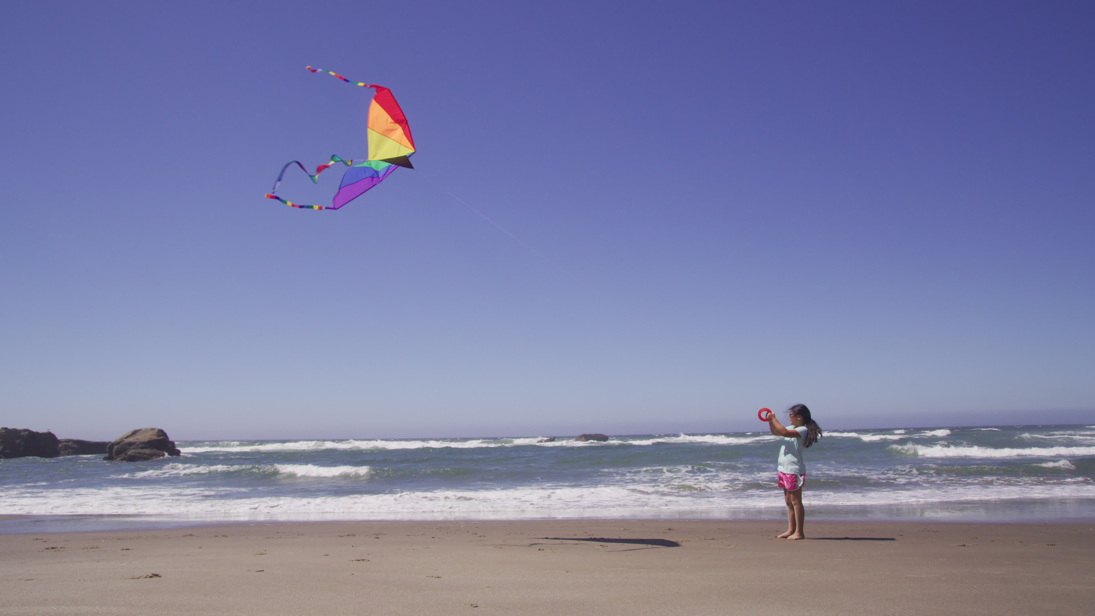 Kite Sports, Beach adventure, Joyful girl flying kite, Coastal serenity, 3840x2160 4K Desktop