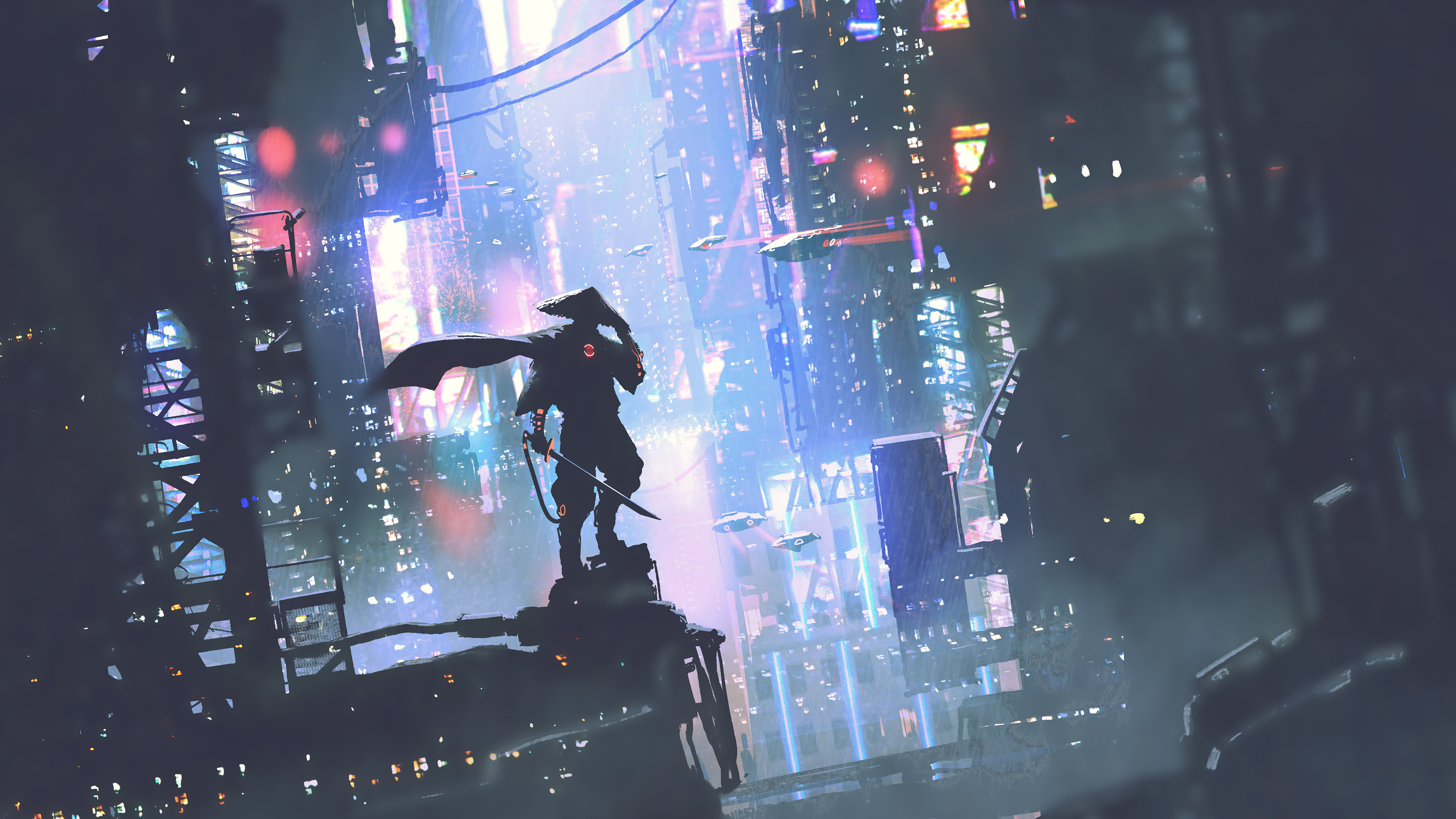 futuristic ronin with katana, neon cyberpunk metropolis, flying sci-fi vehicles, 4K Desktop wallpaper