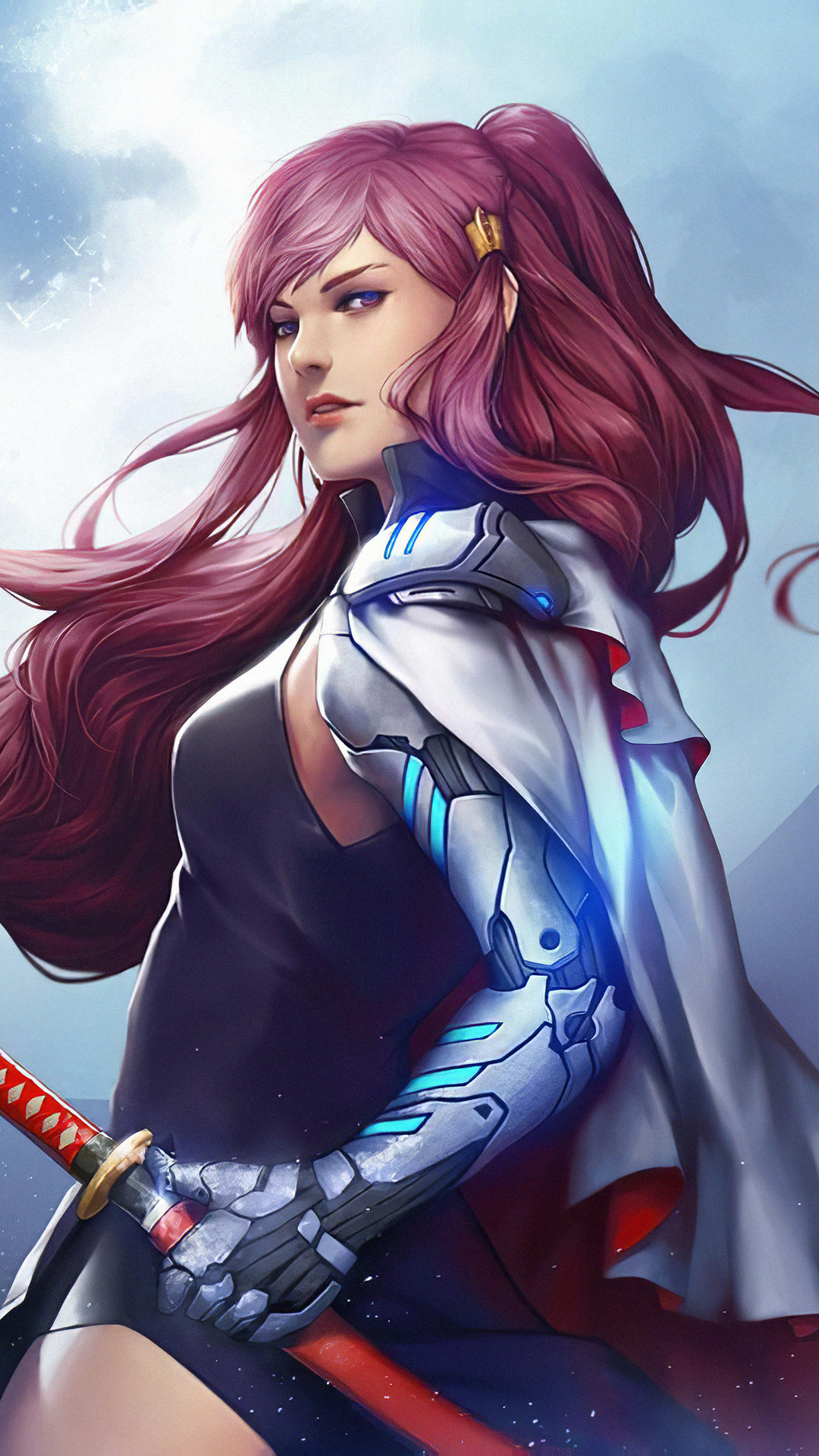 Pink-haired cyborg samurai, Cybernetic prosthetic arm, Red scabbard katana sword, Full HD Phone wallpaper