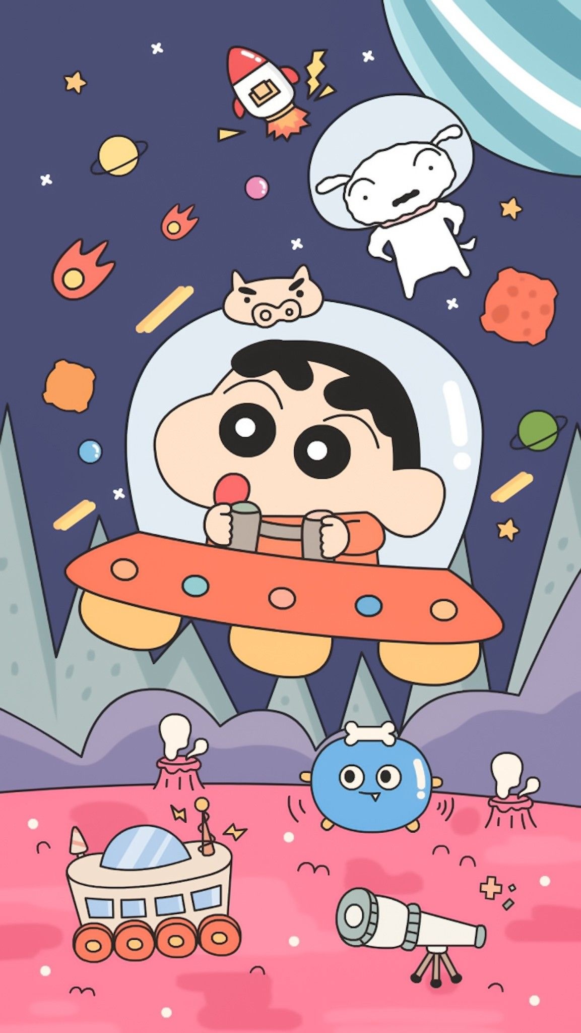 Shinnosuke Nohara, Shiro, flying saucer UFO, HD Phone wallpaper