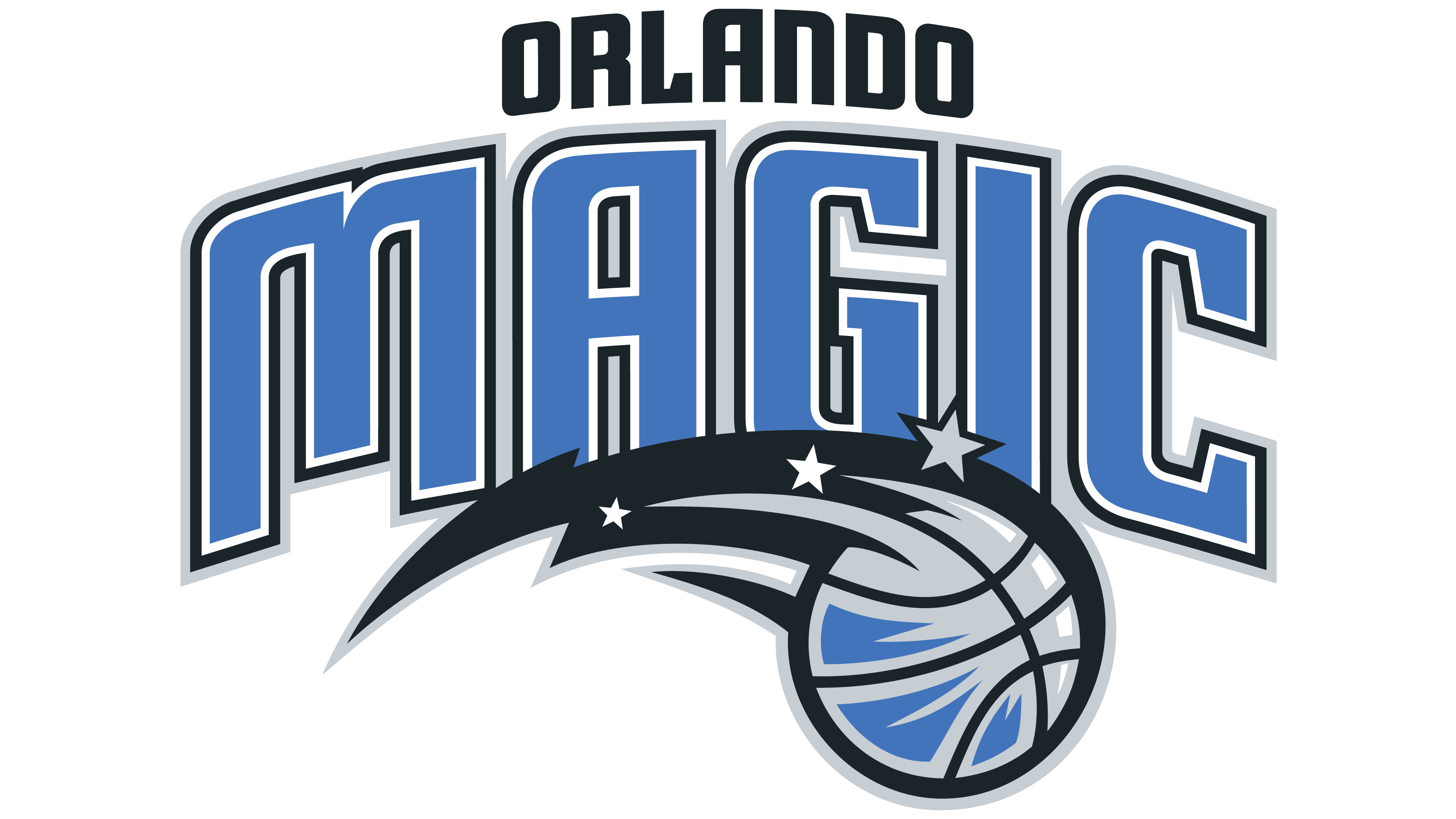 Orlando Magic wordmark logo, Shooting star basketball emblem, Plain white backdrop, 4K Desktop wallpaper