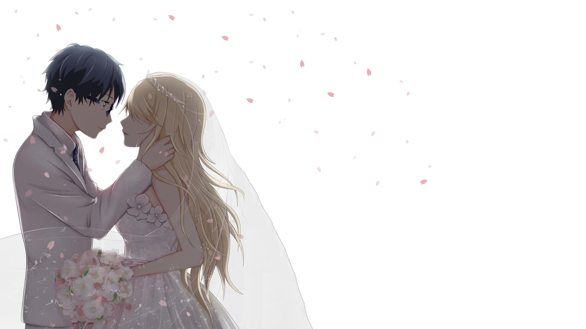 Kousei Arima, Kaori Miyazono in wedding dress, Falling cherry blossom petals, Full HD Desktop wallpaper