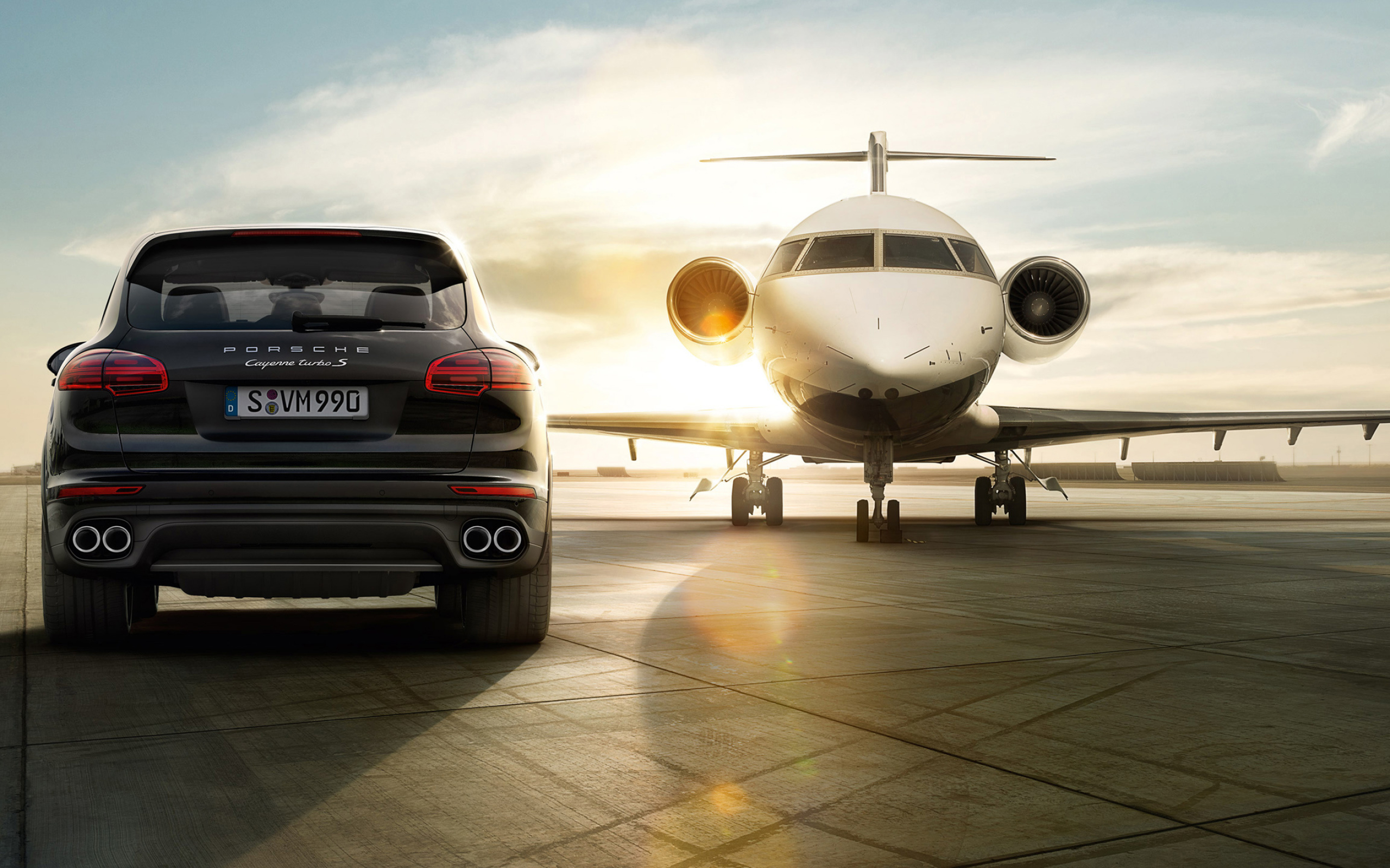 Porsche Cayenne Turbo S, Private business jet, Airport tarmac at sunset, HD Desktop wallpaper