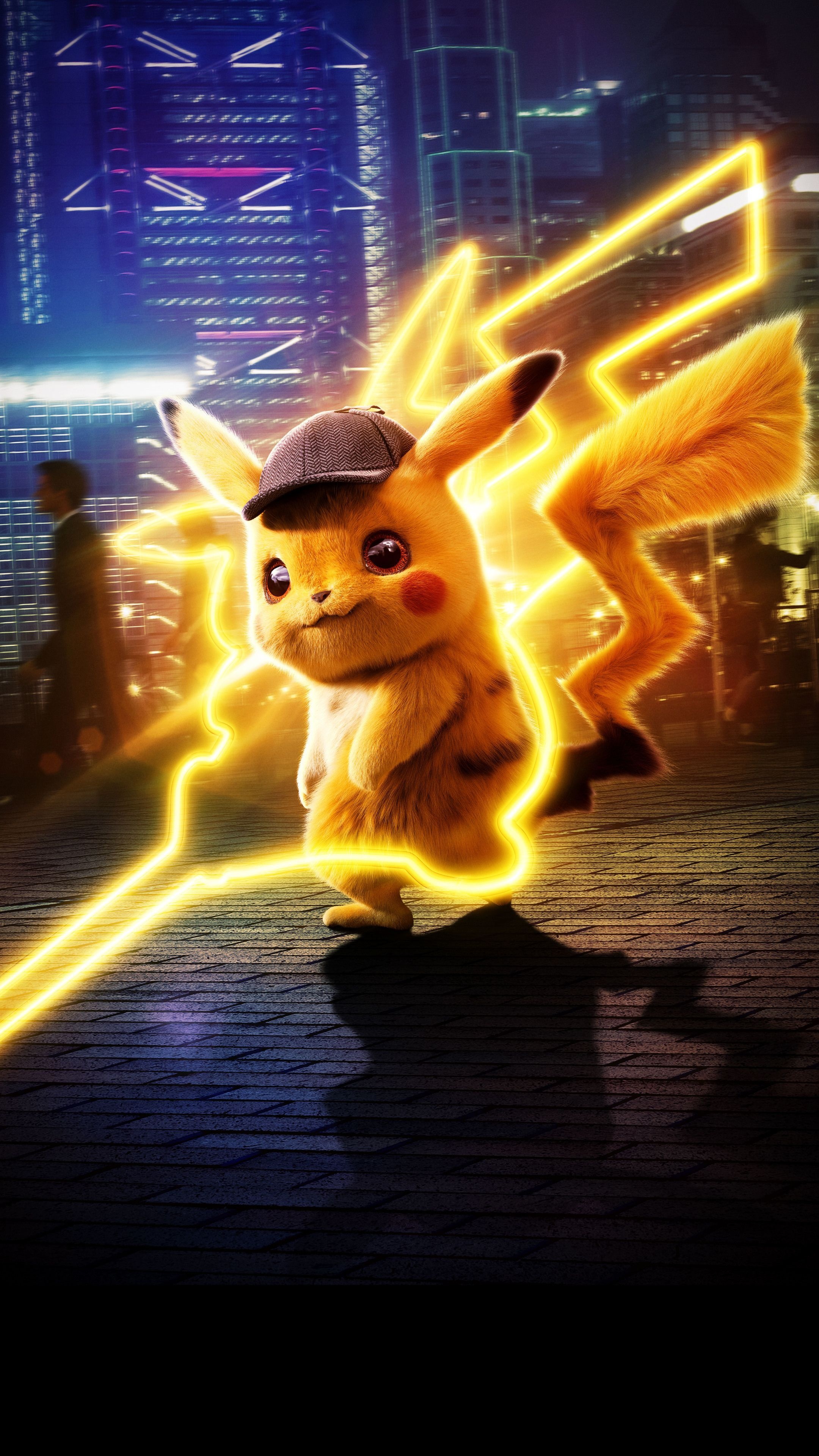 Detective Pikachu, deerstalker hat, neon lightning silhouette, 4K Phone wallpaper