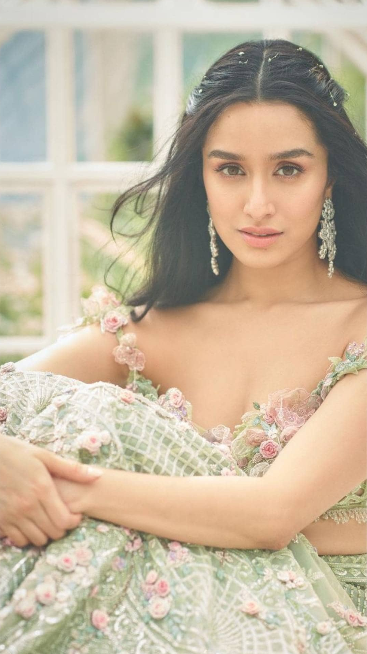 Shraddha Kapoor, floral embroidered pastel lehenga, silver chandelier earrings, HD Phone wallpaper