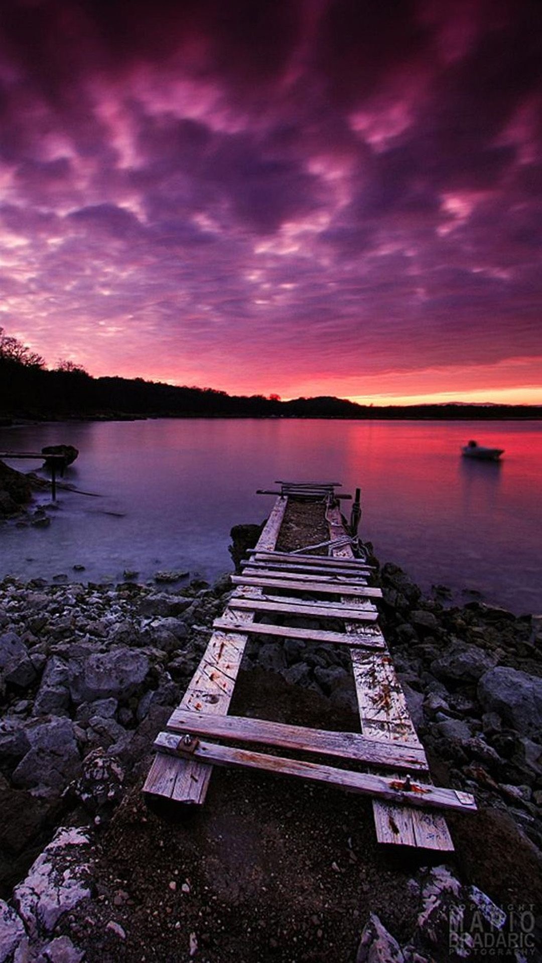 dilapidated wooden pier, rocky lake shoreline, vivid magenta dusk sky, Full HD Phone wallpaper