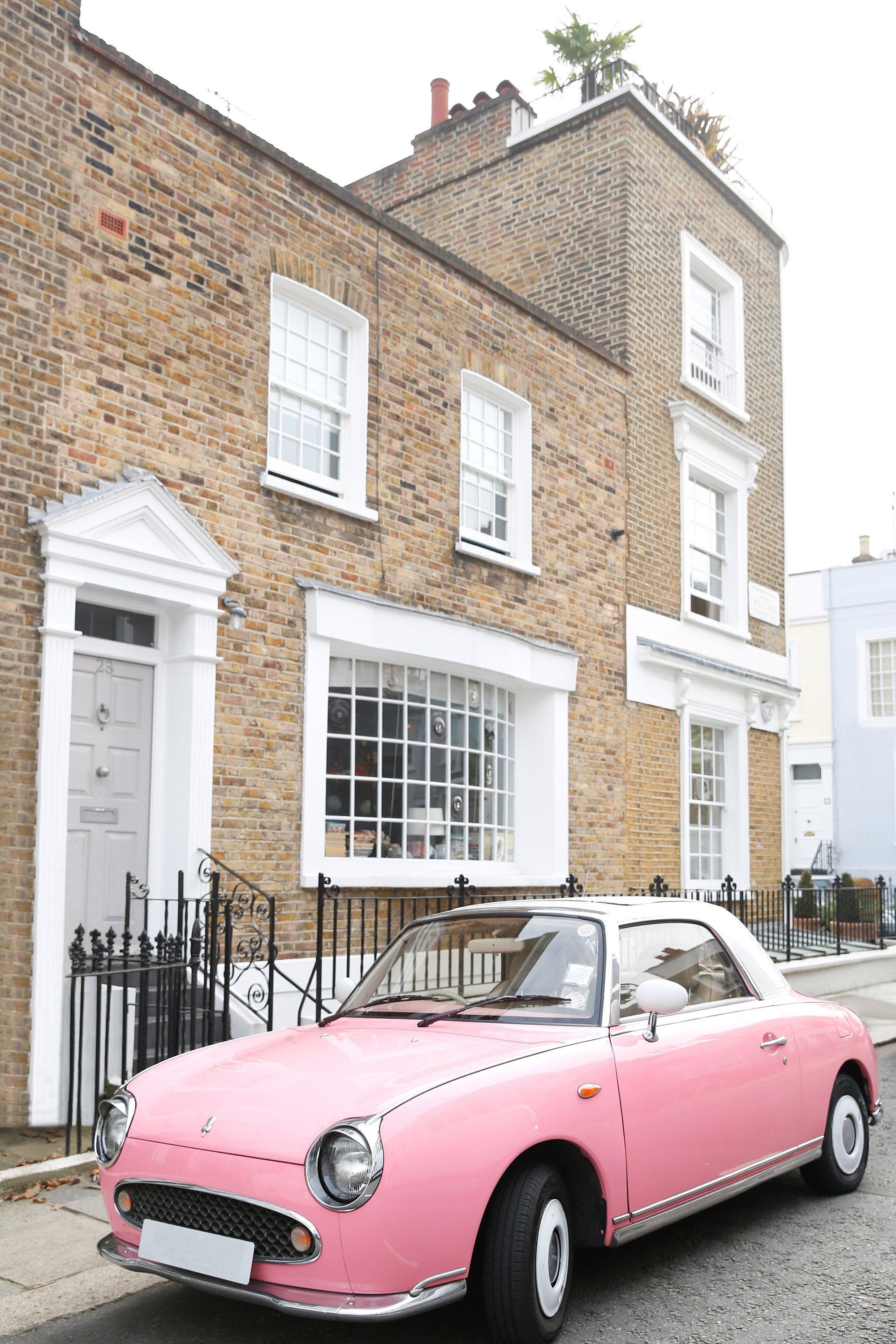pink Nissan Figaro, brick townhouse, London street, HD Phone wallpaper