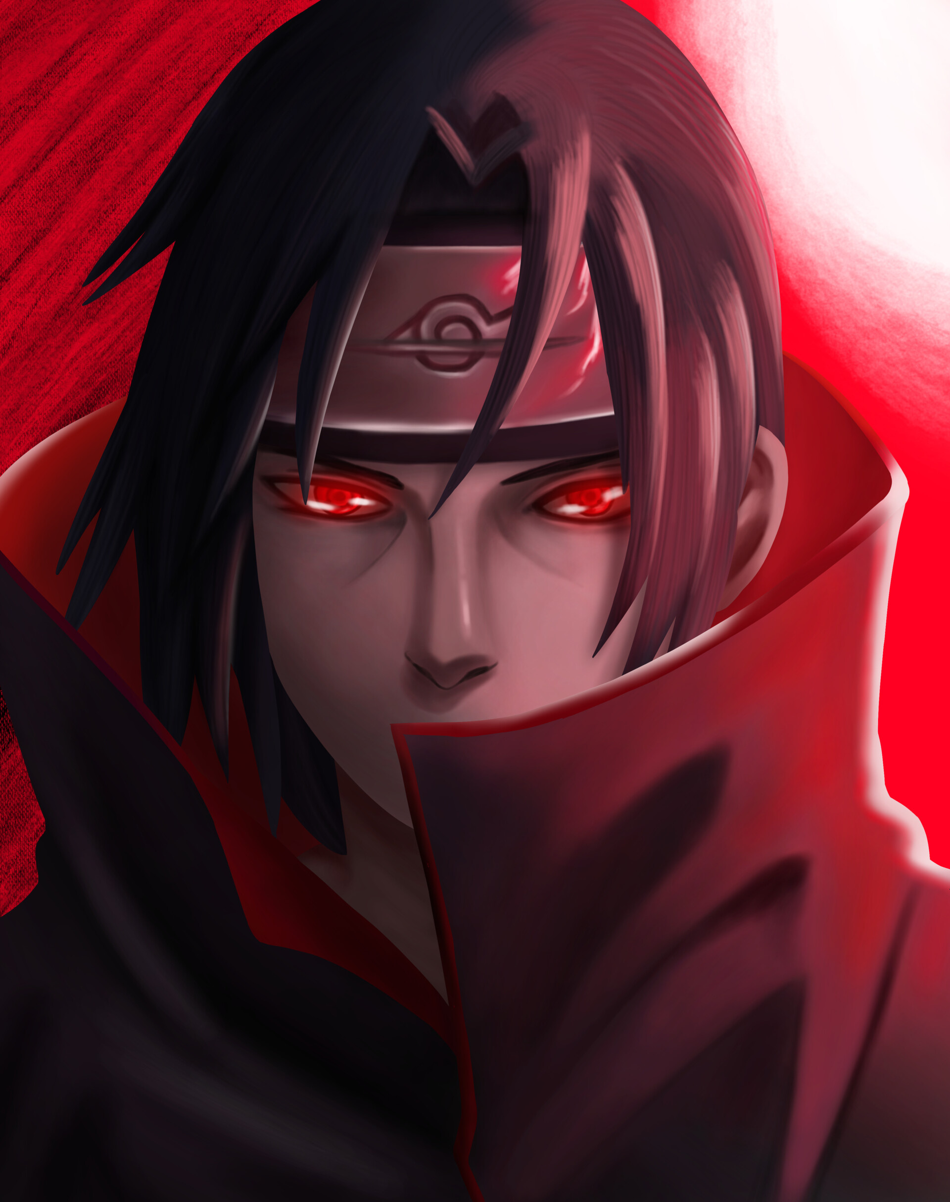 Itachi Uchiha, glowing red Sharingan, slashed Konoha headband, HD Phone wallpaper
