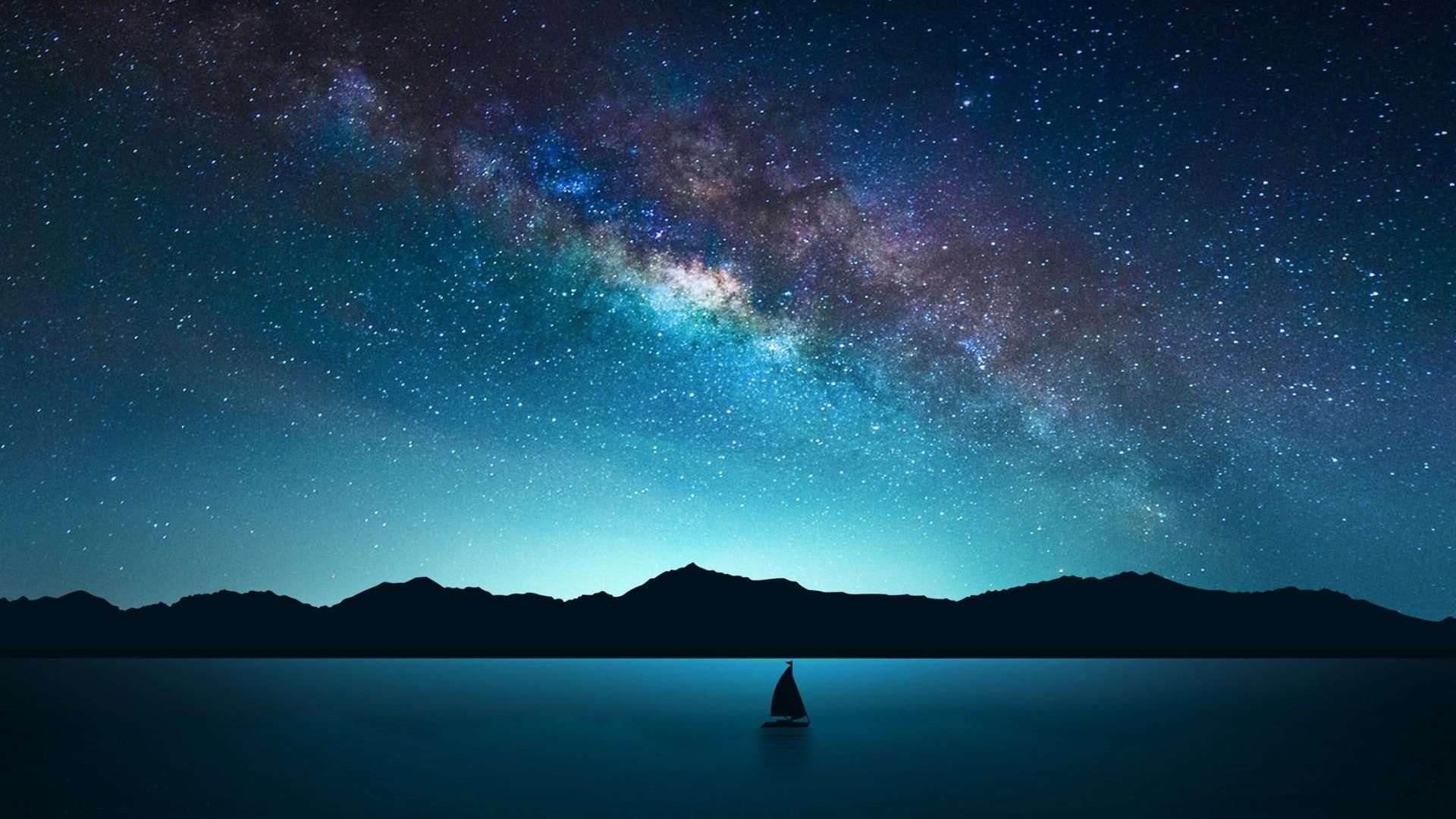 Milky Way galaxy, solitary sailboat silhouette, mountain range silhouette, Full HD Desktop wallpaper