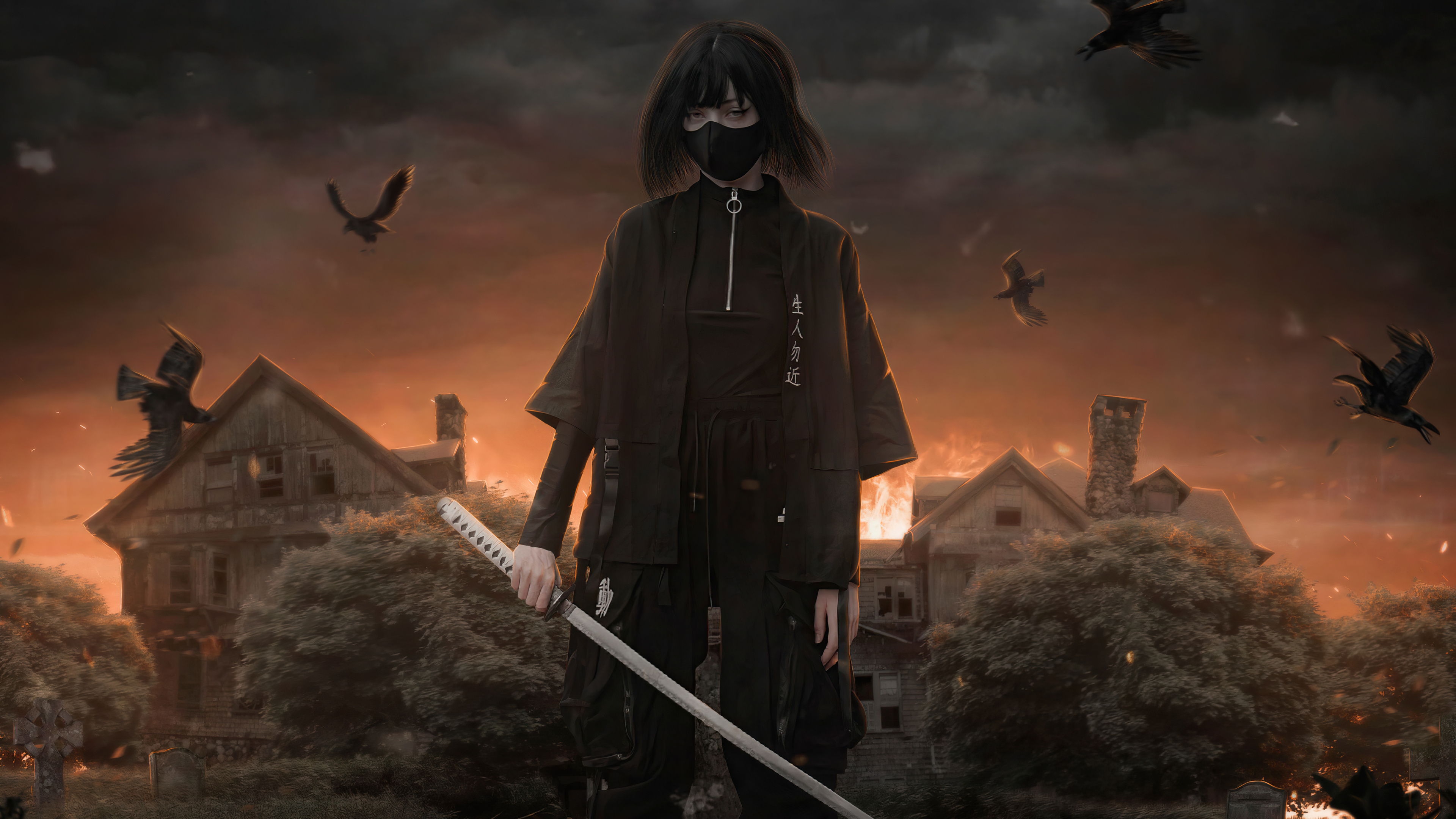 Masked techwear samurai girl, Japanese katana sword, Burning abandoned mansion, 4K Desktop wallpaper