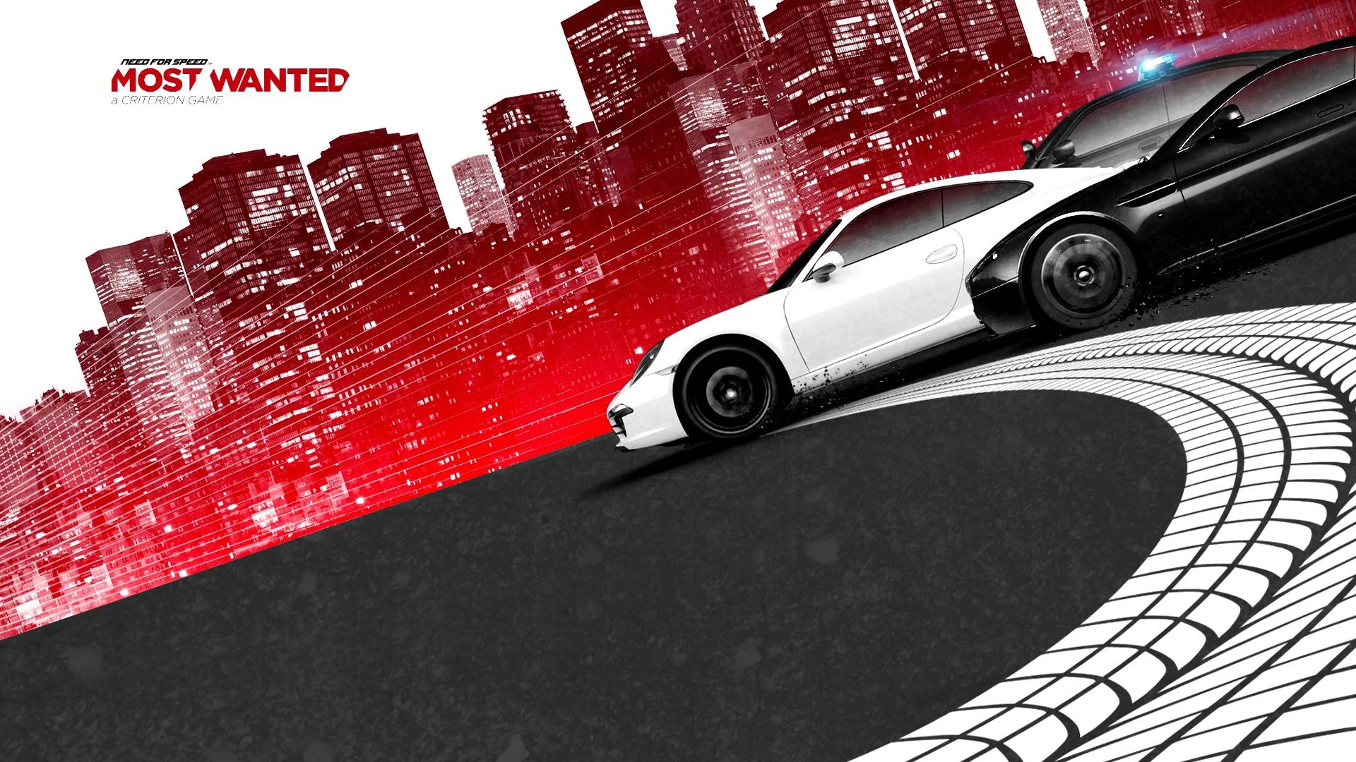 Porsche 911 Carrera S, Need for Speed: Most Wanted logo, red Fairhaven City skyline, Full HD Desktop wallpaper