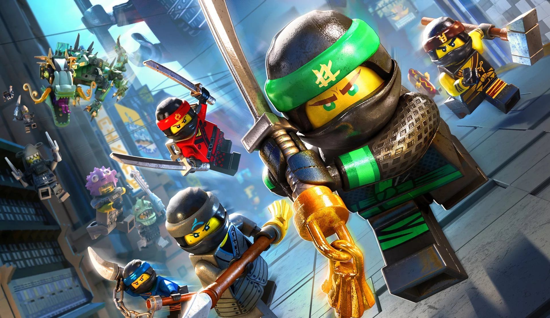Lloyd with golden chain, Kai with twin katanas, Nya in blue armor, Green mech dragon, The LEGO Ninjago Movie, HD Desktop wallpaper