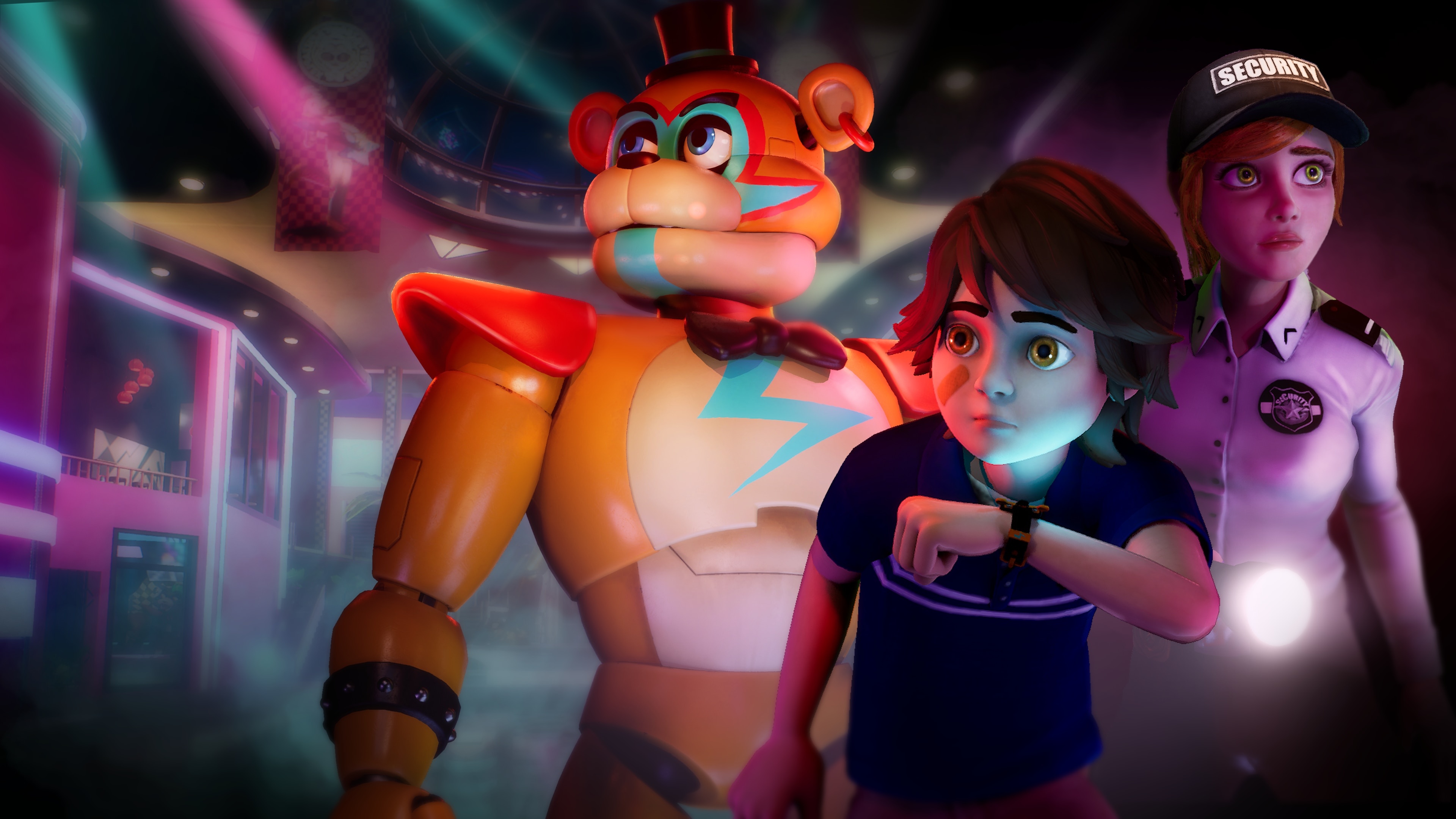 Glamrock Freddy, Gregory, Vanessa the security guard, Fazbear Mega Pizzaplex interior, 4K Desktop wallpaper