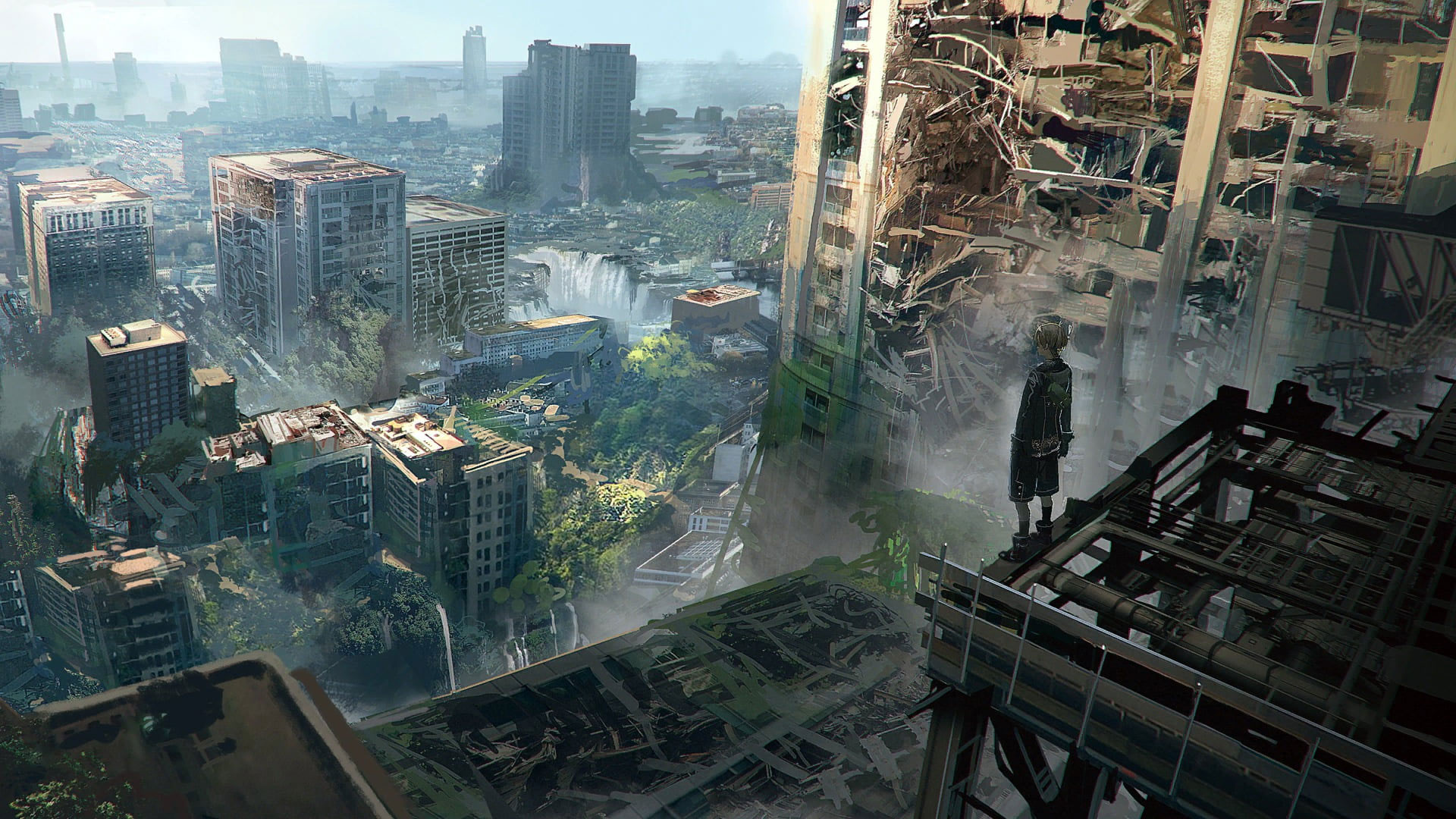 9S, NieR: Automata City Ruins, Overgrown skyscraper ruins, Full HD Desktop wallpaper