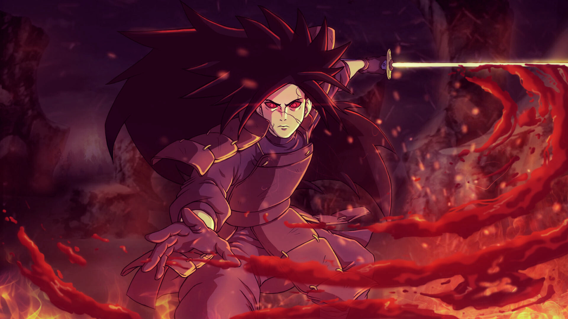 Madara Uchiha, Naruto Shippuden, glowing katana sword, Full HD Desktop wallpaper