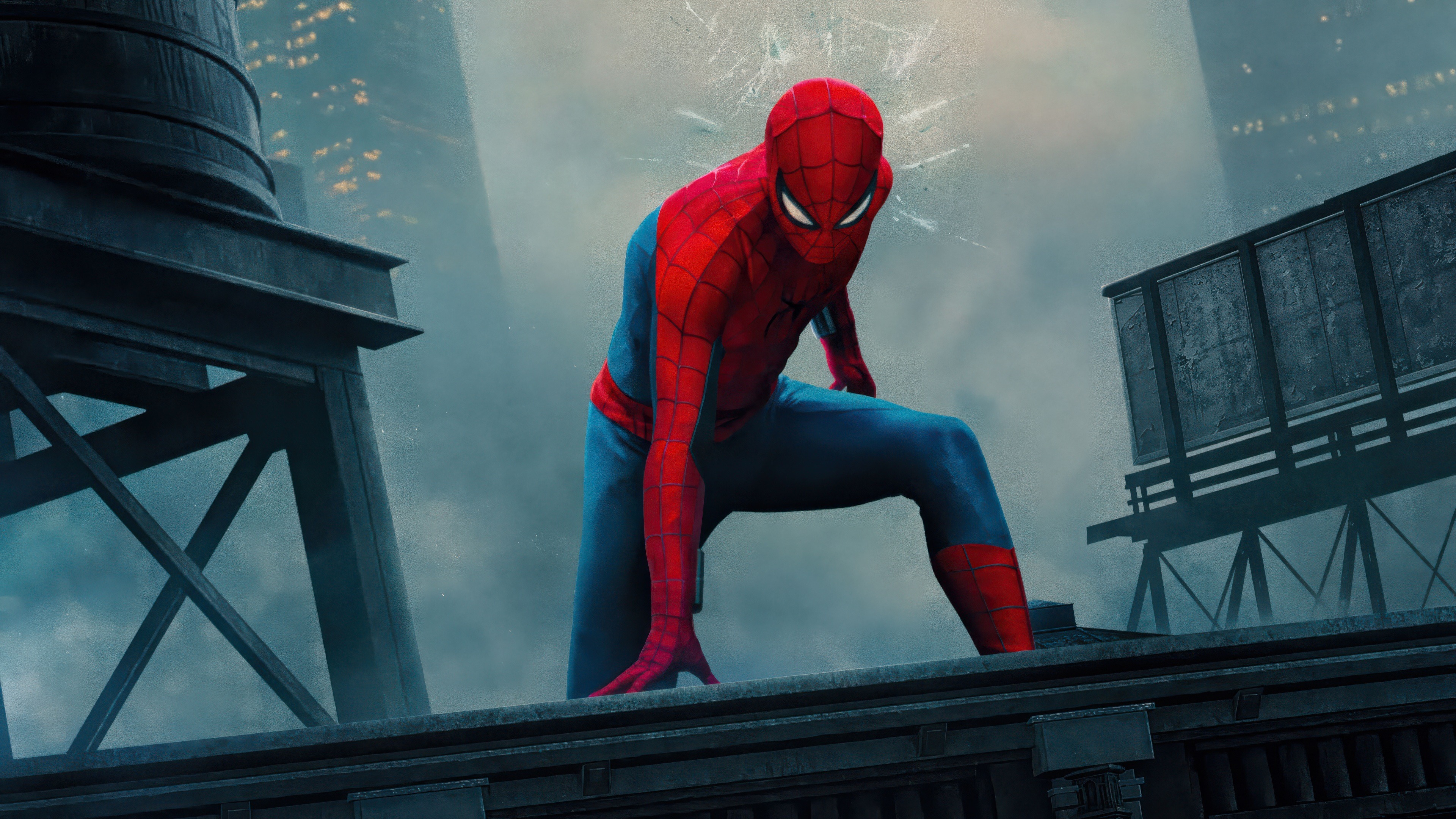 Classic Suit, Muted overcast skyline, Crouching on rooftop ledge, 4K Desktop wallpaper