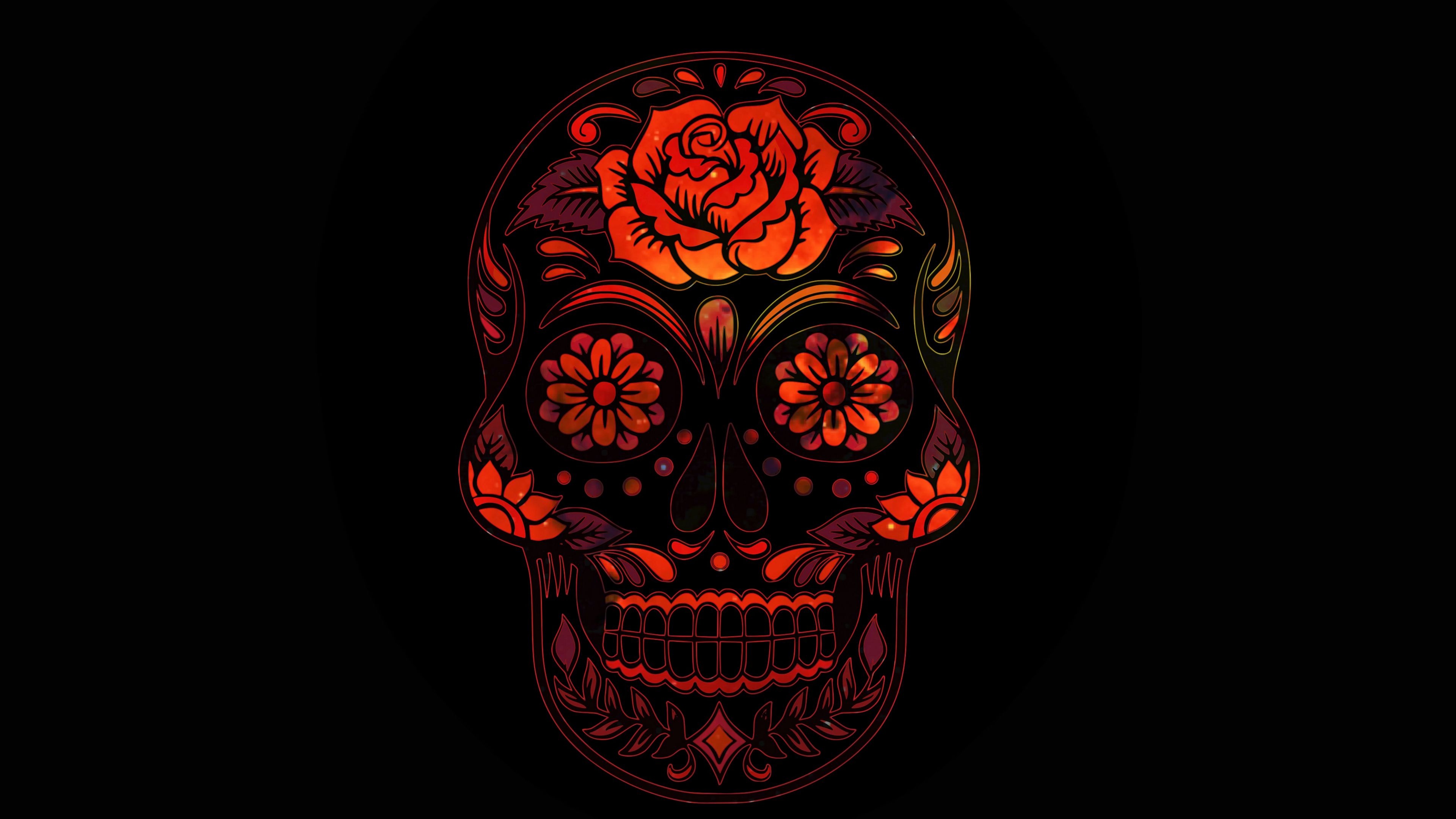 Calavera sugar skull silhouette, Red rose crown motif, Flower-filled eye sockets, 4K Desktop wallpaper