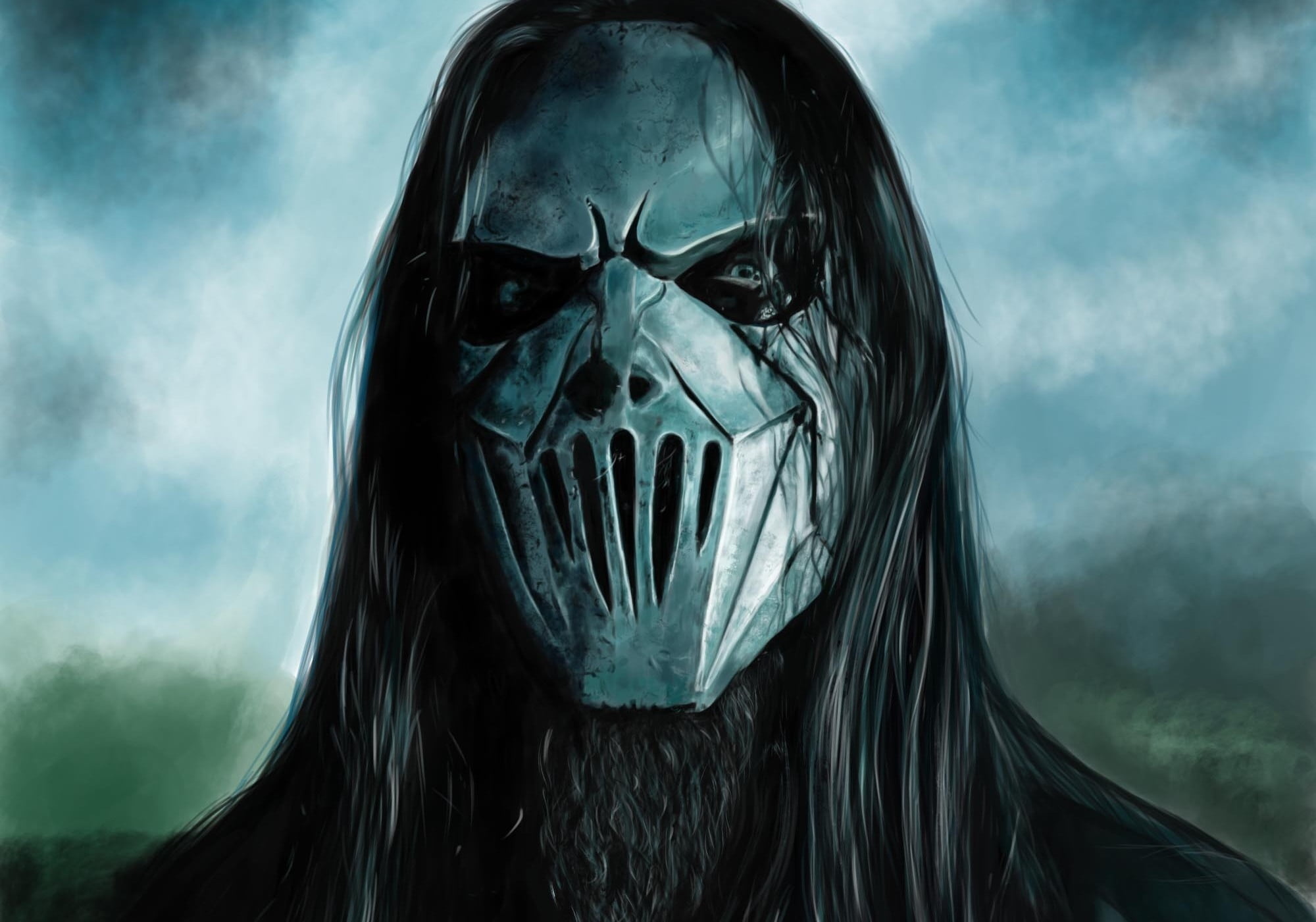 Mick Thomson, metallic Slipknot mask, stormy sky backdrop, HD Desktop wallpaper
