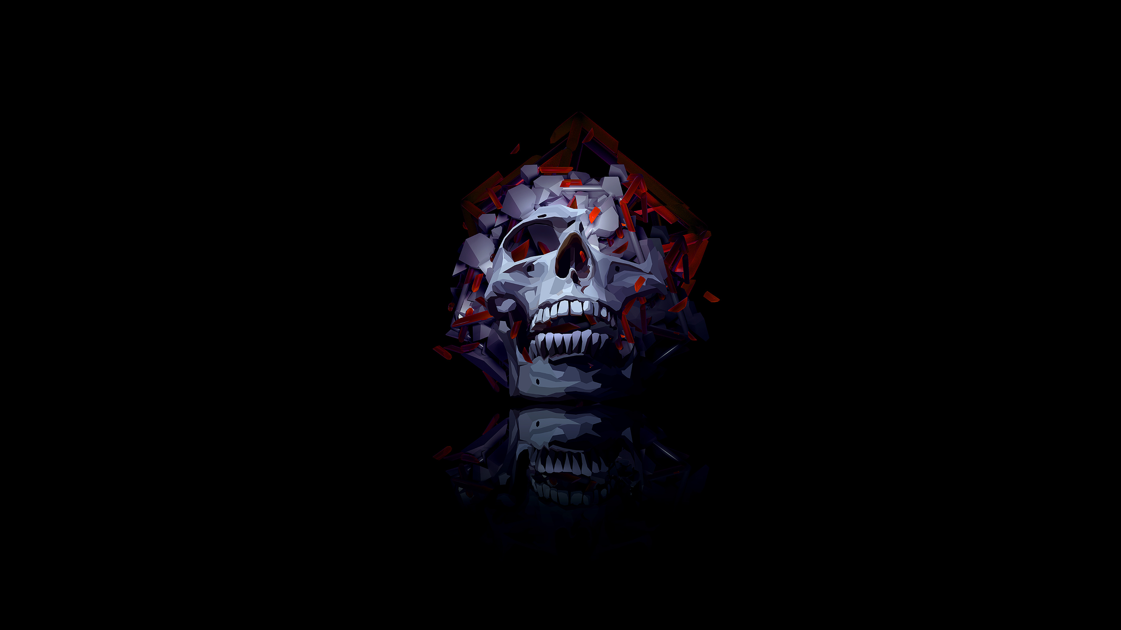 Low-poly shattered skull, Red glowing shards, Mirror reflection on black, 4K Desktop wallpaper
