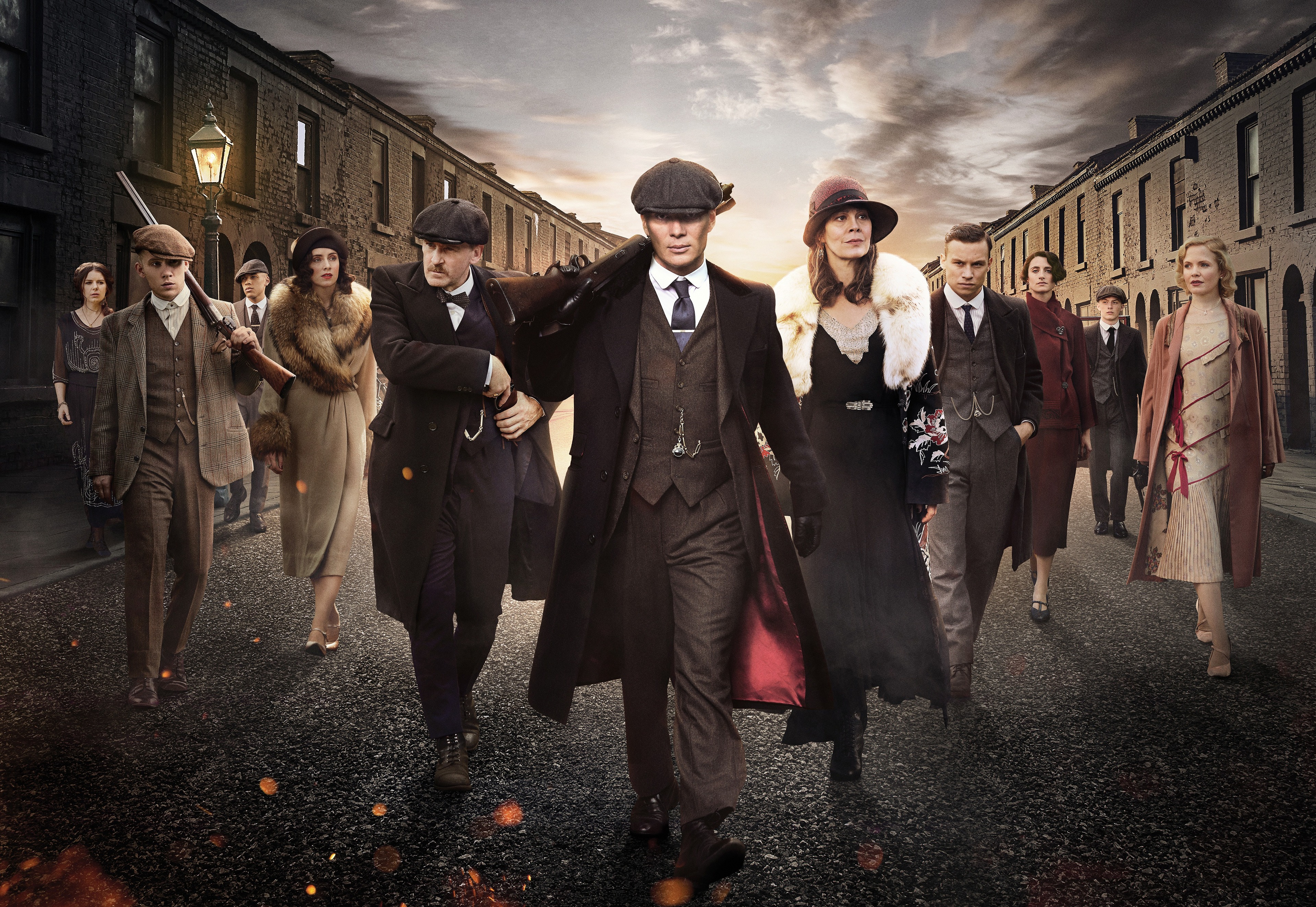 Aunt Polly (Helen McCrory), Arthur Shelby, John Shelby, Michael Gray, Tommy Shelby, Industrial city street, Dramatic dusk sky, Small Heath, 4K Desktop wallpaper