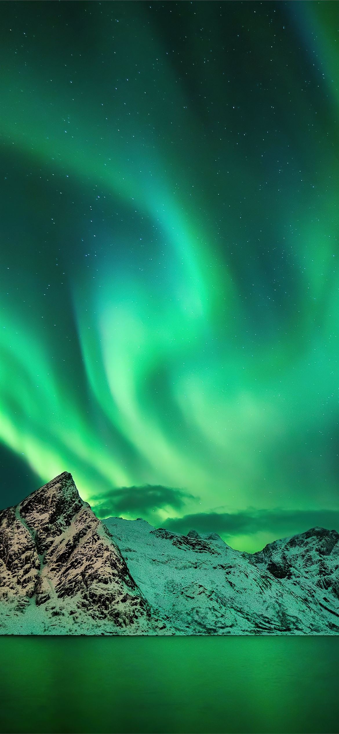 Green Aurora Borealis, Snow-covered mountain ridge, Starry Arctic night, HD Phone wallpaper