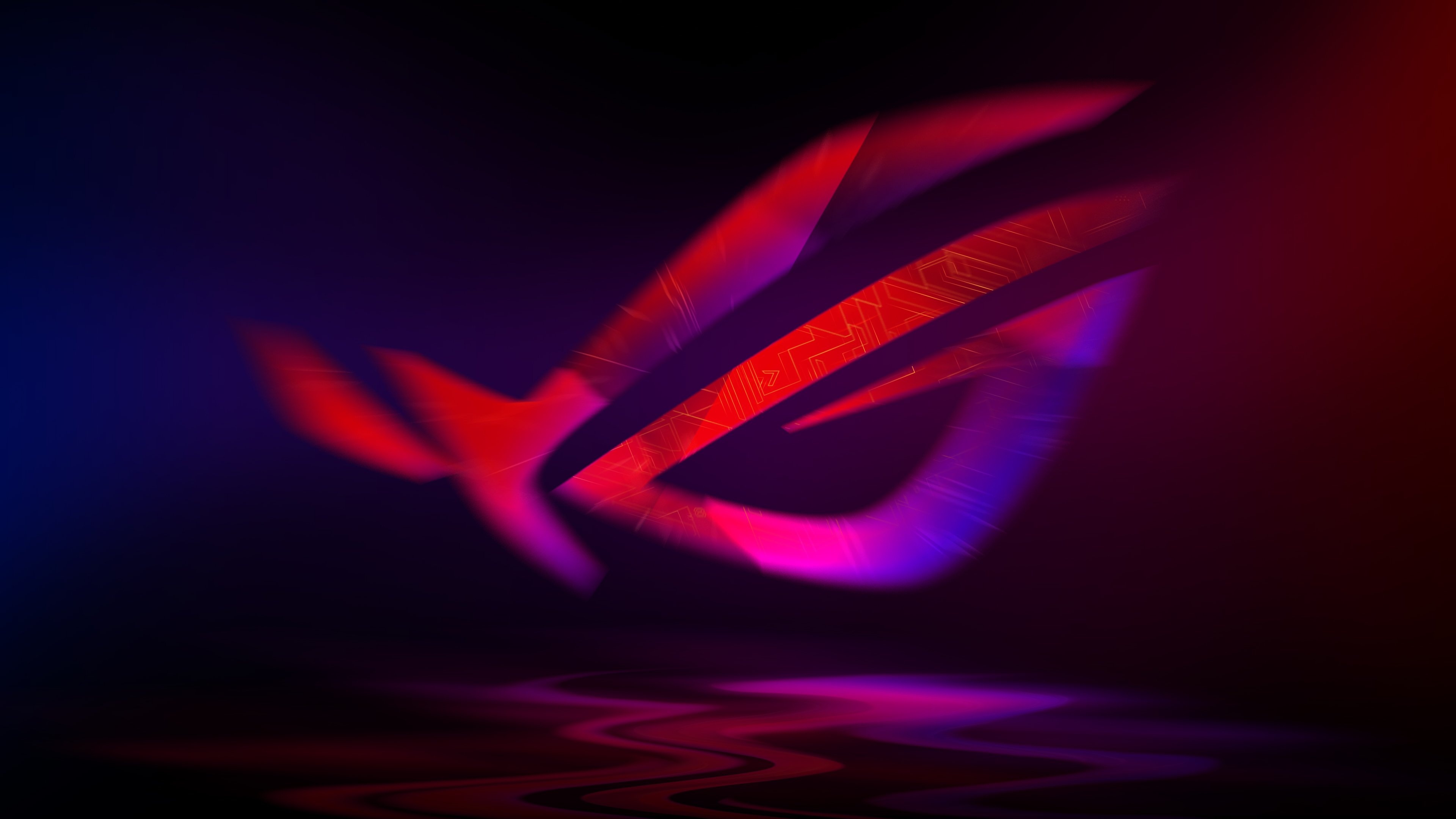ASUS Republic of Gamers logo, Red circuit trace pattern, Blurred purple gradient glow, 4K Desktop wallpaper